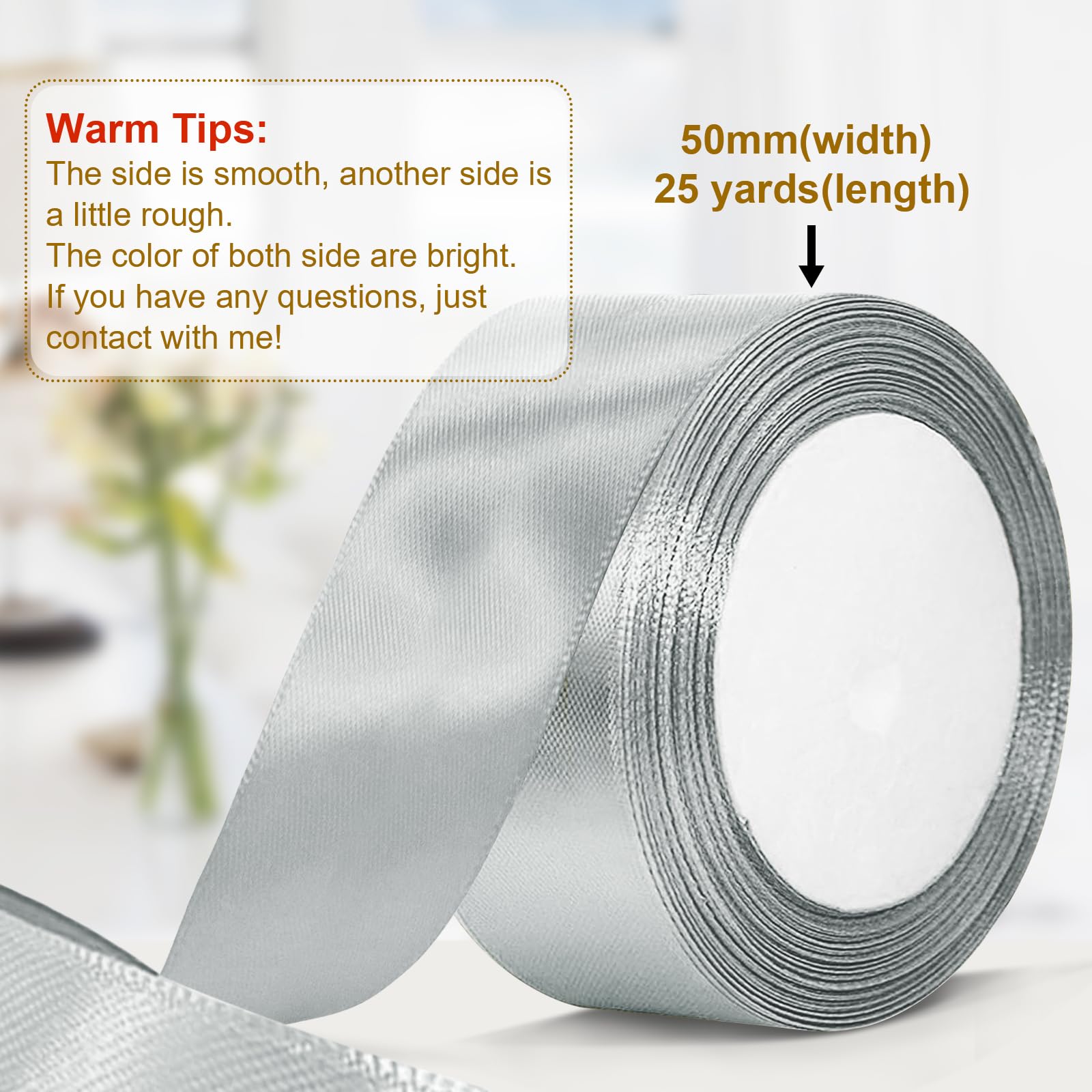 Bealif 50mm Silver Ribbon, Grey Silver Satin Ribbon Fabric Polyester Ribbon for Gift Wrapping Crafting, Sewing Project - Image 2