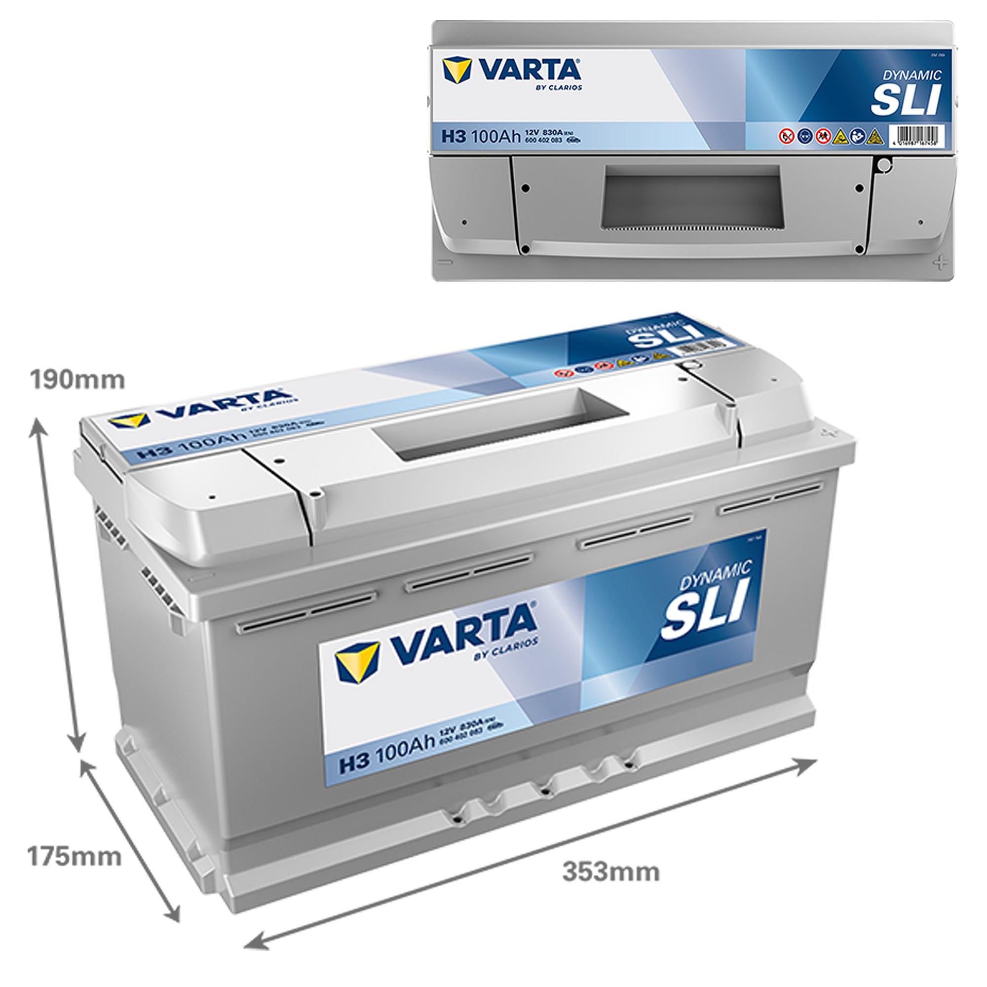 VARTA Automotive DYNAMIC SLI (H3) 12V 100Ah 830A - Nassbatterie KFZ mit Standardausstattung & ohne Start-Stopp System - Starterbatterie für einfachen Energiebedarf - Bleisäurebatterie wartungsfreie
