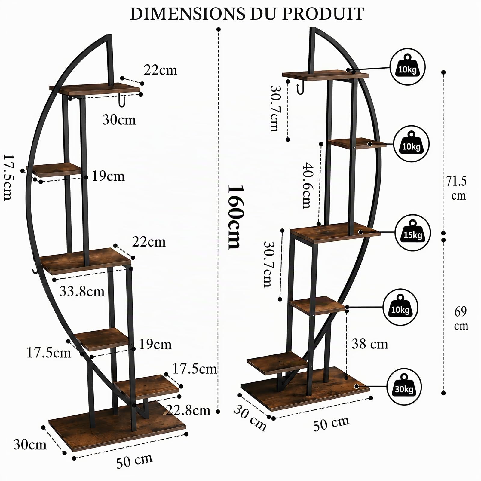 Étagère d'angle Industrielle avec Lumière LED Plantes – Meuble d'angle Gain de Place Étroit, Bibliothèque Demi-Lune Bois et Métal pour Coin Salon, Entrée ou Chambre, Hauteur 160 cm
