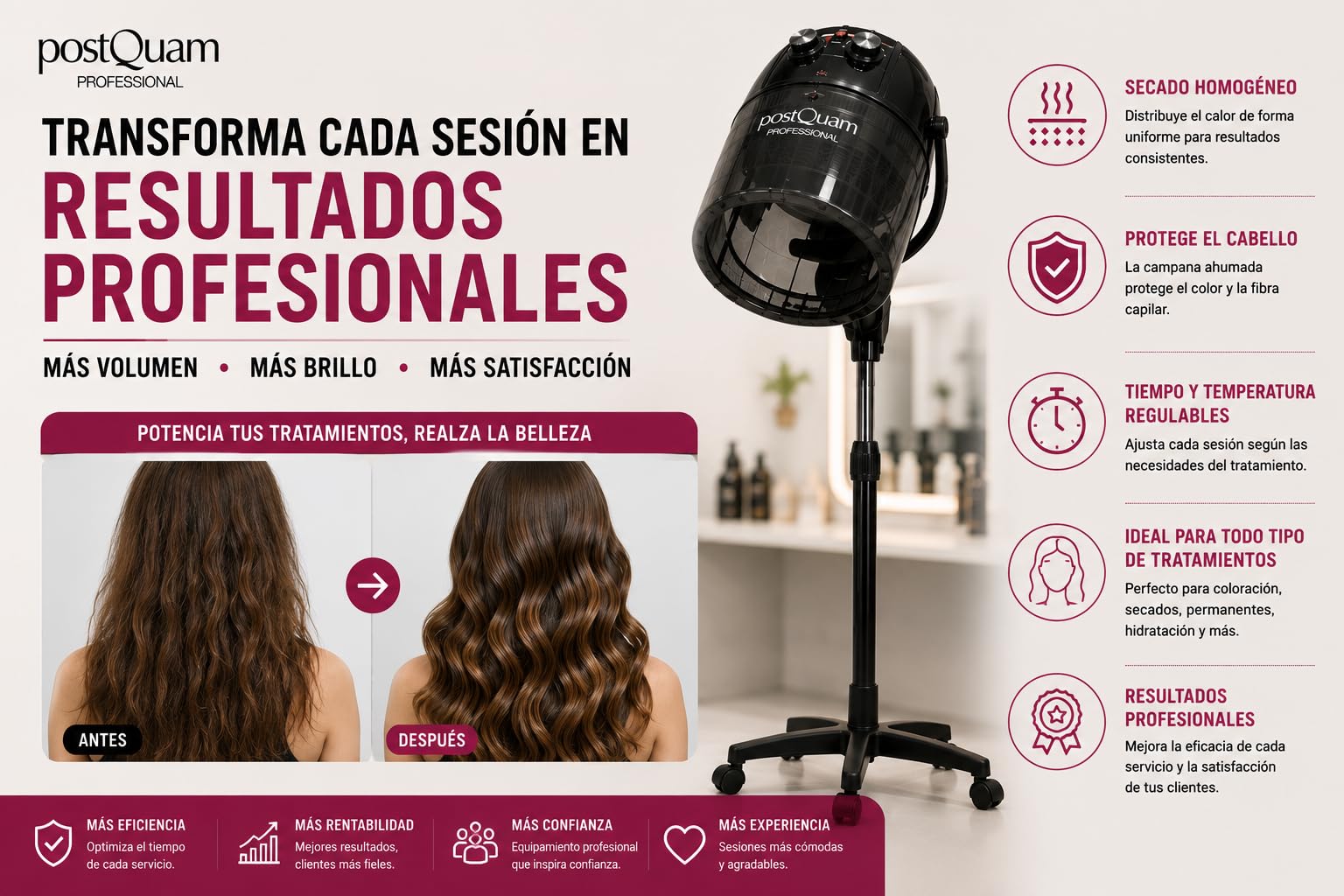 PostQuam – Sèche-cheveux à casque sur pied avec thermorégulateur et minuterie – Capot en plastique fumé avec couvercle – Hauteur réglable (86-122 cm) avec roulettes – Usage professionnel