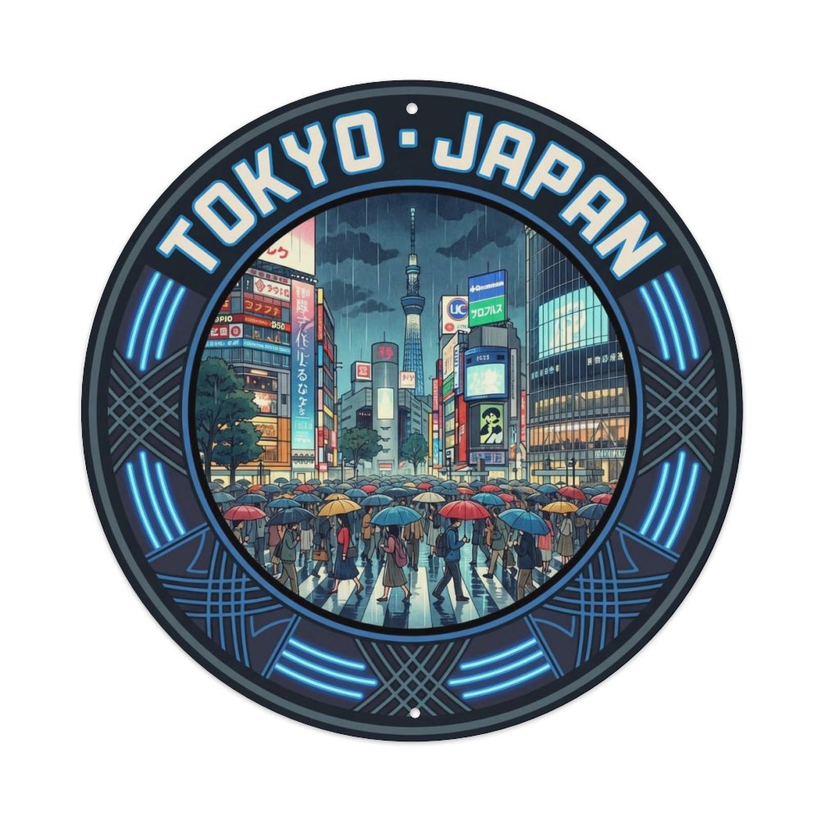 Olhnbad Style Tokyo Shibuya Crossing Rain Neon City Landmark Metal Tin Sign