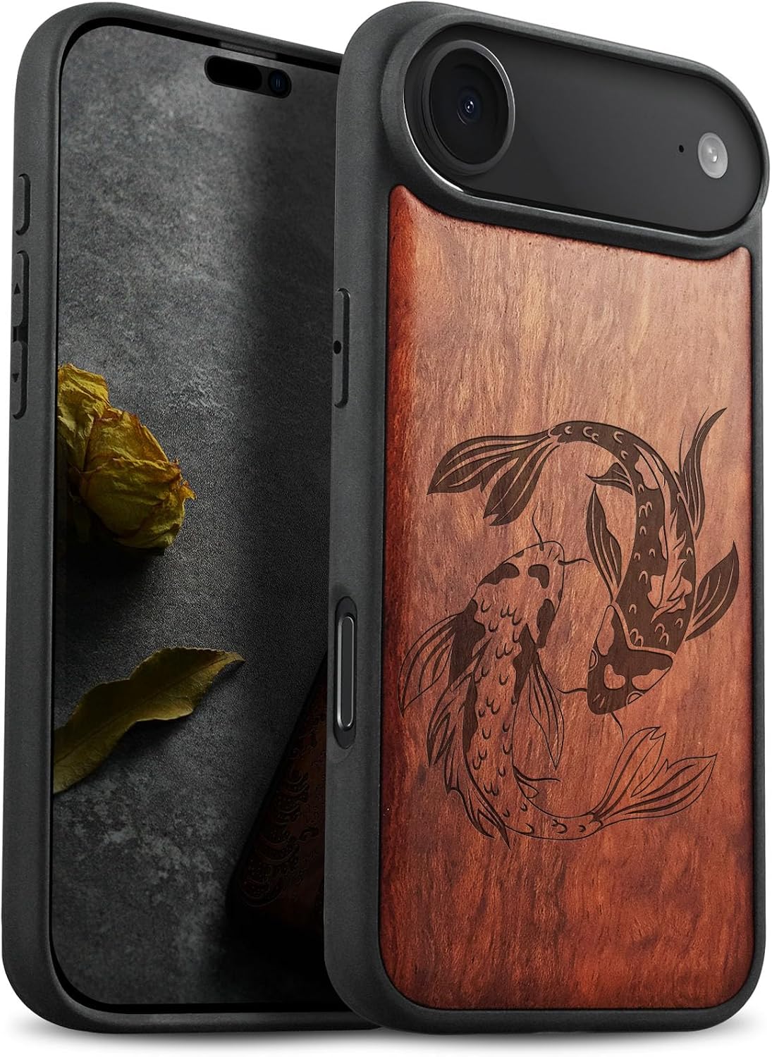 Carveit Magnetic Wooden Case for iPhone Air Case, Wood Artisan Engraved & Soft TPU Shockproof Cover, Compatible with MagSafe 17 Air Wireless Chargers (Yin-Yang Koi) Rosy