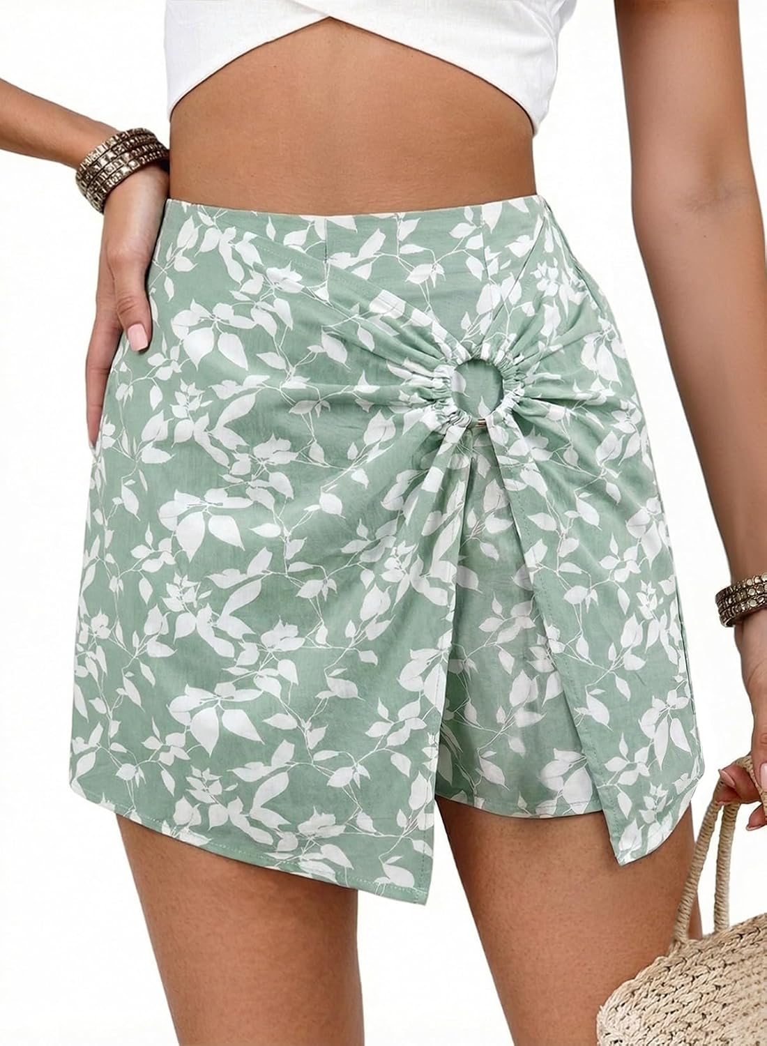 Dokotoo Summer Shorts Skorts for Women Boho Floral Print Elastic Waist Asymmetrical Hem Beach Mini Skirt