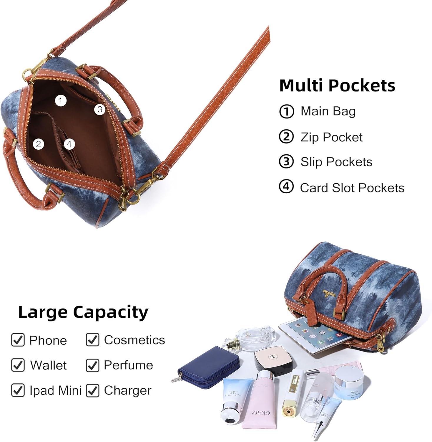 Angel Kiss Women Satchel Purses and Handbags Vegan Leather Boston Barrel Bag Top Handle Shoulder Purse with Crossbody Strap | Vegan Leather, Top Handle, Crossbody Strap - Image 5