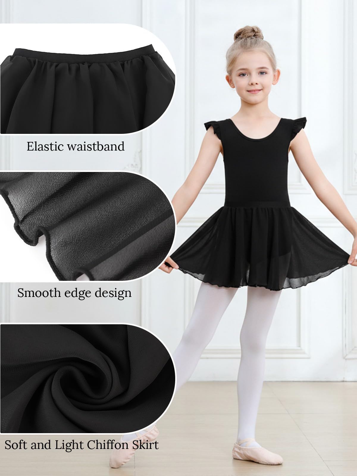 Justaucorps de ballet pour filles à manches flottantes en coton avec jupe amovible pour 3 à 11 ans
