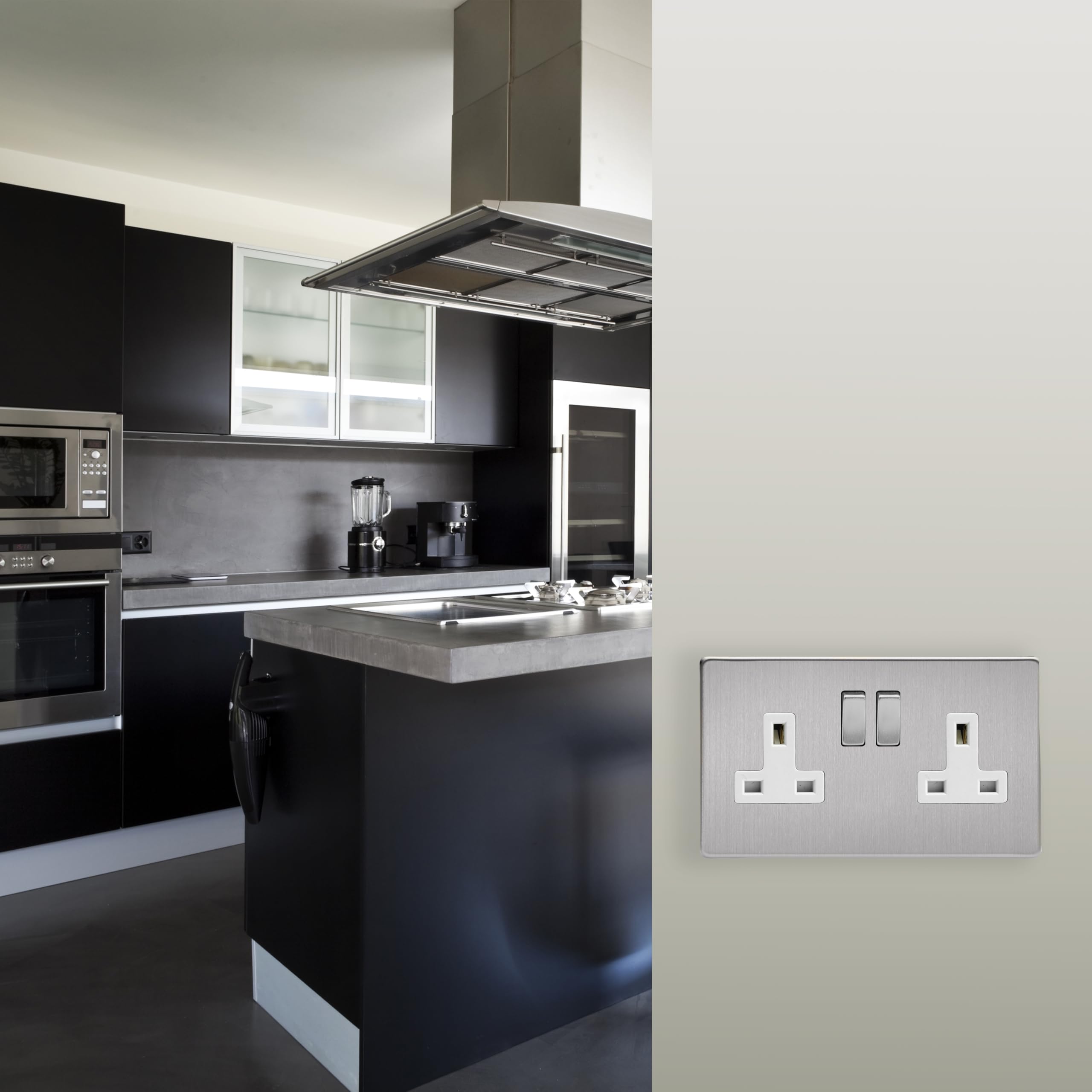 Varilight - 2 Gang 13 Amp Double Switched Socket Dimension Screwless Matt Chrome - XDS5WS, Brushed Steel, 86x147x32mm - Image 2