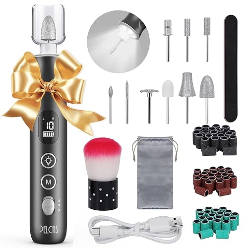 PELCAS Molinillo de uñas eléctrico, taladro de uñas inalámbrico de 10 velocidades con luz LED, kit portátil de manicura y pedicura, lima de uñas con