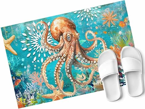 Ocean Octopus Door Mat Indoor Entrance 31.5"x20", Marine Life Coral Starfish Retro Non Slip Front Door Mats Washable Low-Profile Absorbent Doormat for Inside Floor Entryway Laundry Kitchen