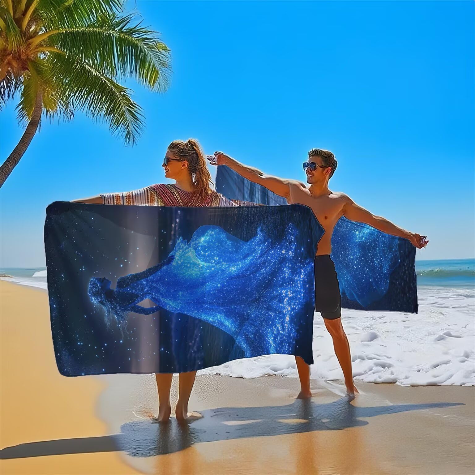 Bleu Serviette de Plage 100x200cm Lot de 2, Rêve Serviette Microfibre Ultra Absorbantes Séchage Rapide Anti Sable Léger Transport Compacte Drap de Plage pour Piscine Voyages Femme et Homme, Model411