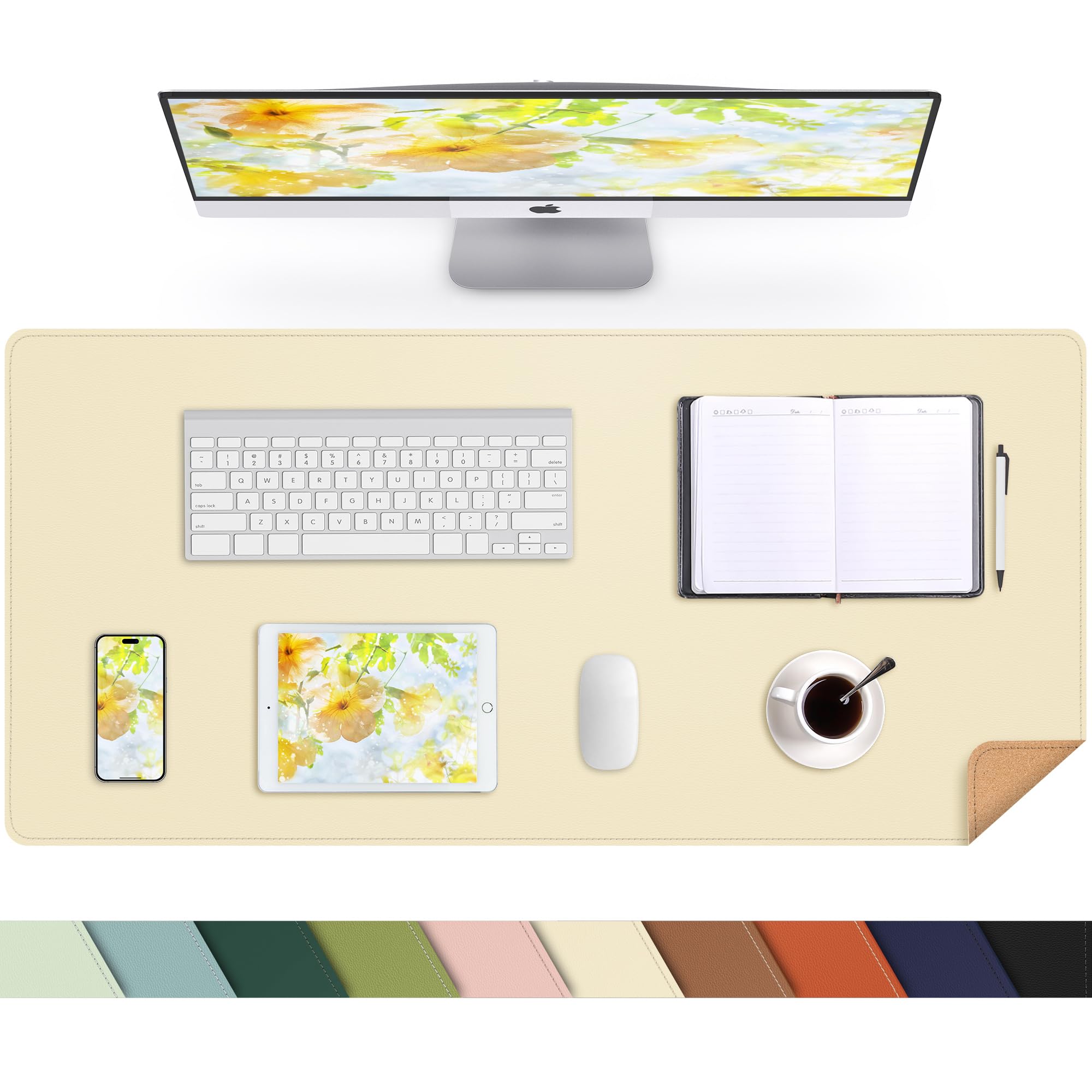 Leather Desk Mat, Large Mouse Mat,PU Leather & Cork Desk Pad, Waterproof Leather Table Protector Writing Pad for Office and Home(90x 43 cm,Beige) — image 1