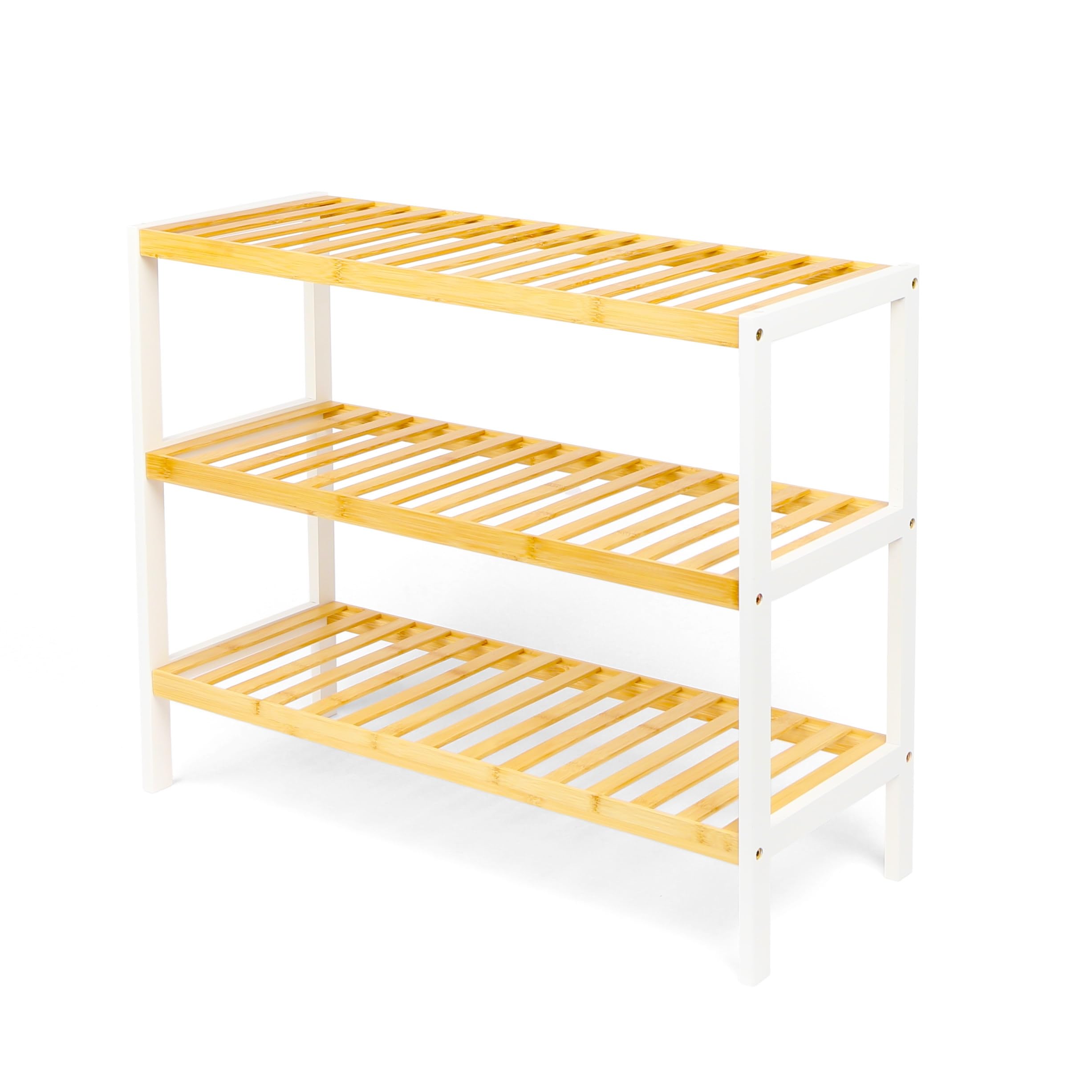 Topvaleur 3 Tier Bamboo Shoe Rack Wooden Shoes Storage Unit, Shoe Organiser with Shelves, Wardrobe Storage, Small Shoe Rack and Boot Organiser, Shoe Storage Bench (White/Natural)