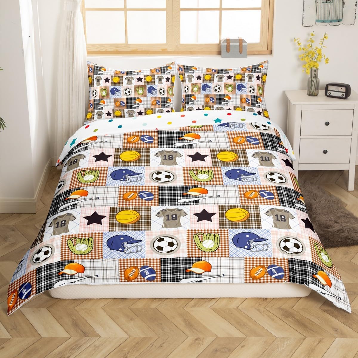 jejeloiu Football Bedding Set Soccer Ball Game Duvet Cover for Kids Boys Girls Baseball Comforter Cover Basketball Brown Sports Bedspread Cover Bedroom Collection 2Pcs Toddler Size,No Comforter