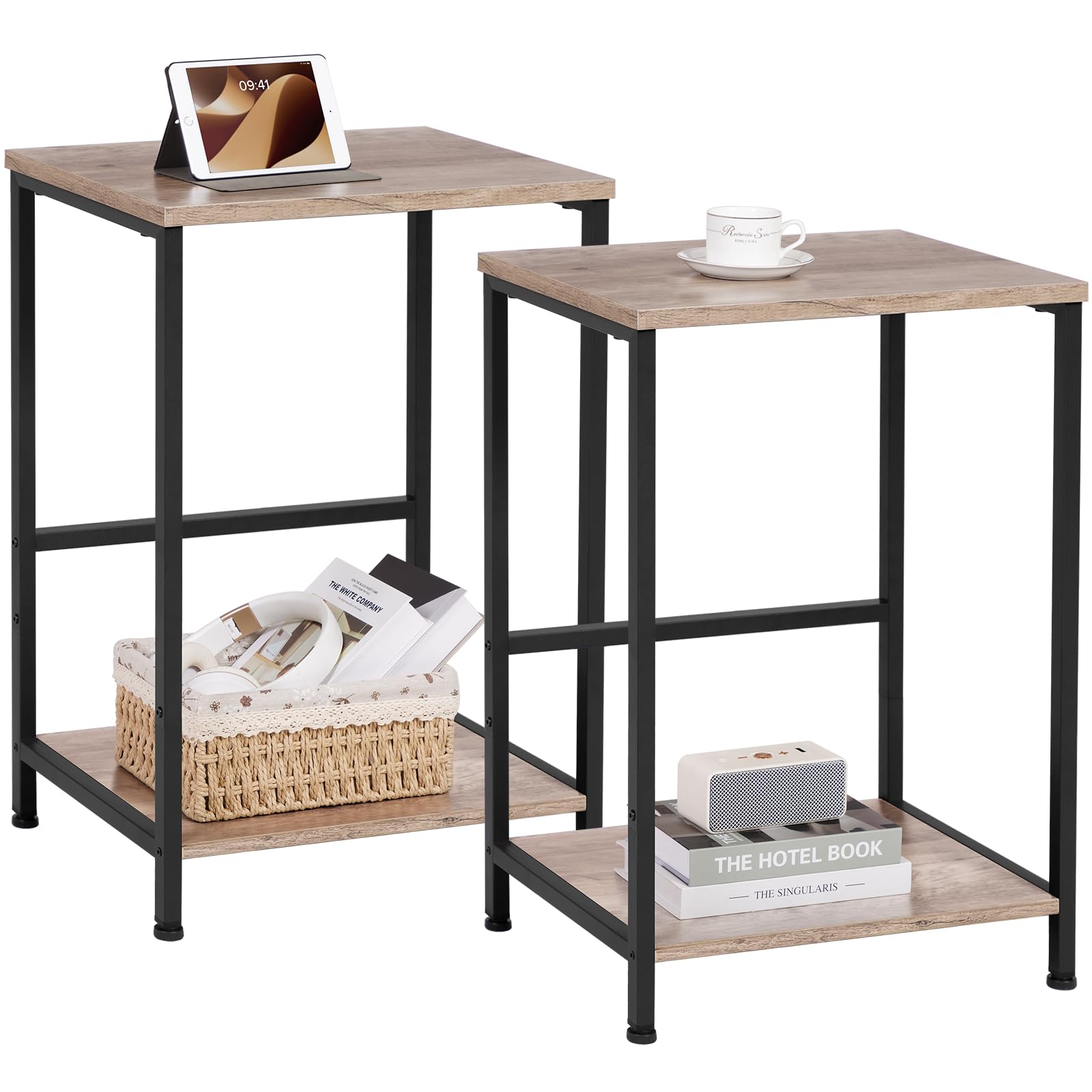 AMHANCIBLE Side Tables Set of 2, 2-Tier Sofa Side Tables, Bedside Tables with Steel Frames, Coffee Table, Small End Table for Small Spaces, Modern Nightstand for Bedroom, Bathroom, Grey UHET03SQGY โ image 1