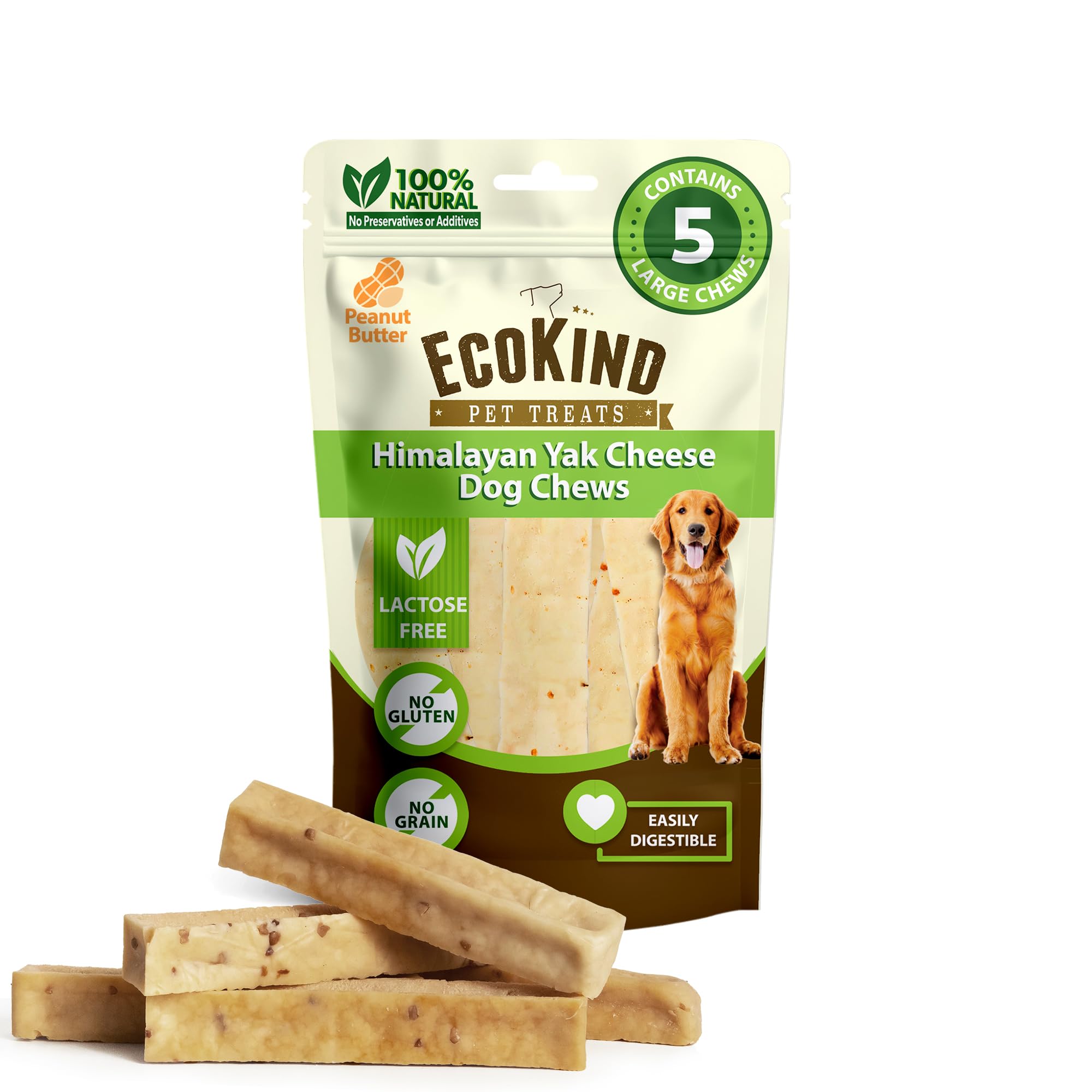 EcoKind Premium Gold Yak Cheese Himalayan Dog Chews, Dog Treats Large Breed, All Natural, High Protein Dog Chew, Peanut Butter, Large - 5 Chews