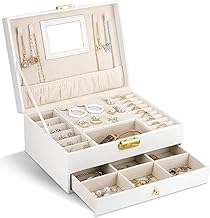 NCKIHRKK Boîte à Bijoux Femme avec Miroir, 2 Niveaux Organisateur à Bijoux, Oublure en velours Boite a Bijoux, Rangement Bijoux pour Bagues Colliers Montres Bagues Bracelets, avec Clé, Blanc