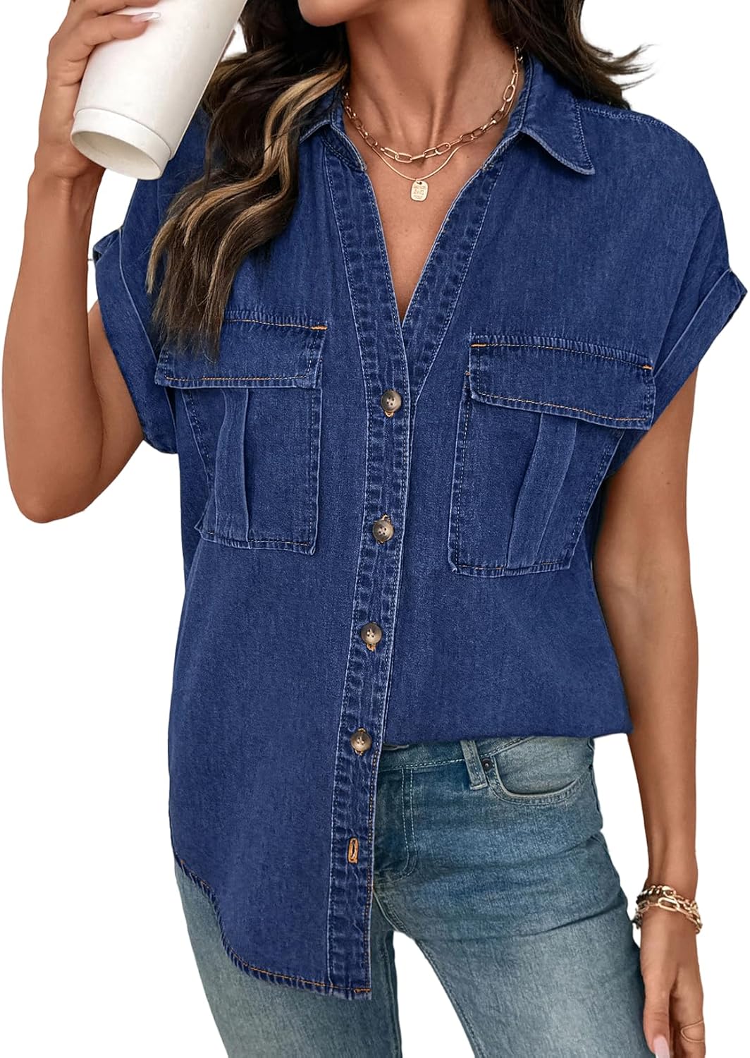 SIDEFEEL Women's Denim Shirt Button Down V Neck Short Sleeve Jean Shirts Trendy Casual Loose Fit Denim Tops