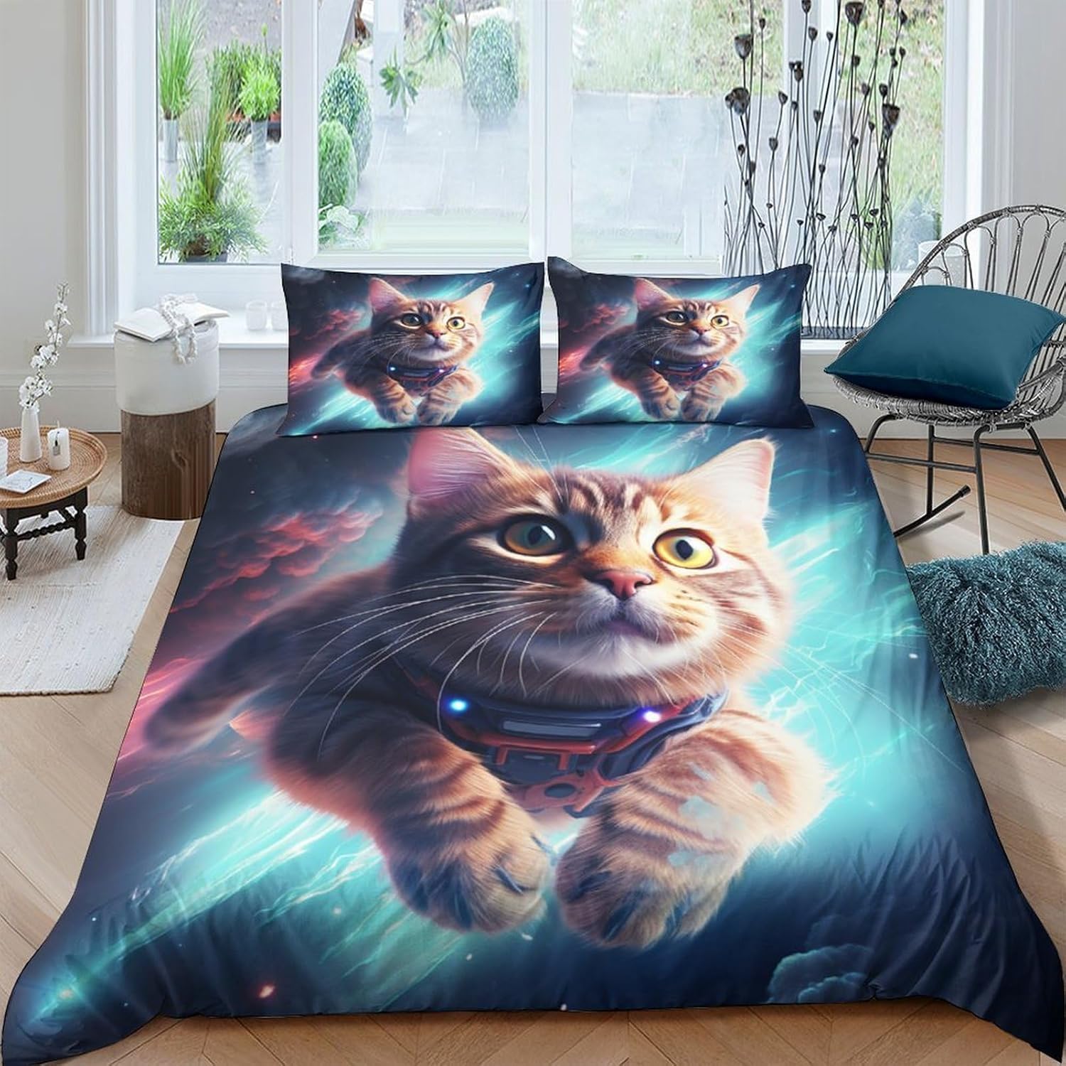 Housse de couette chat 260x230 cm parure de lit 3 pièces pour chambre ado