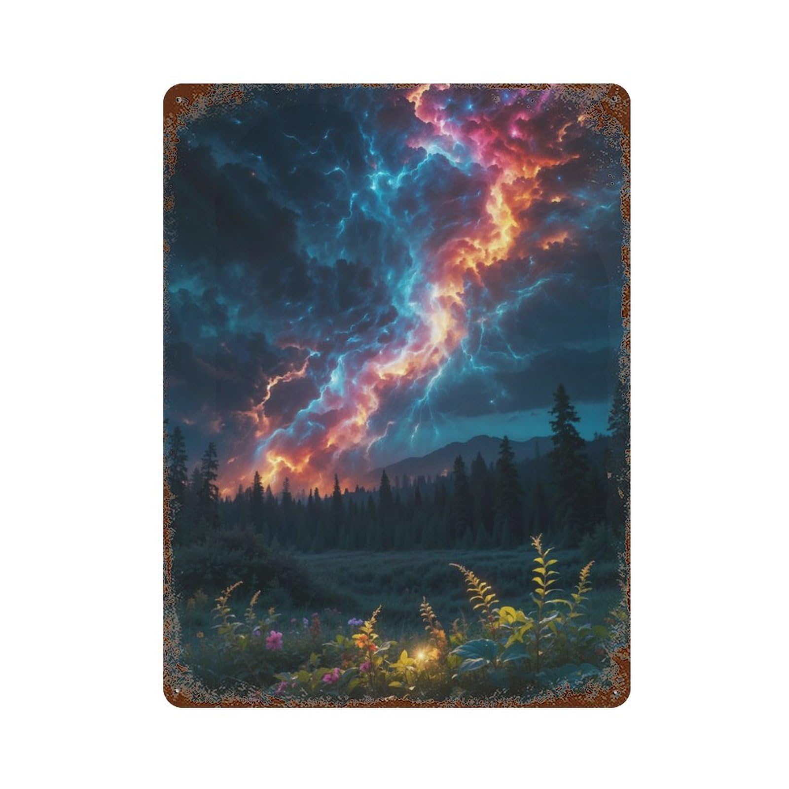 Vintage Rust Metal Sign with A Storm Rages Above A Lush Design 15.7"x11.8", for Shed, Workshop And Garage Wall Decor, Classic Wall Plaque