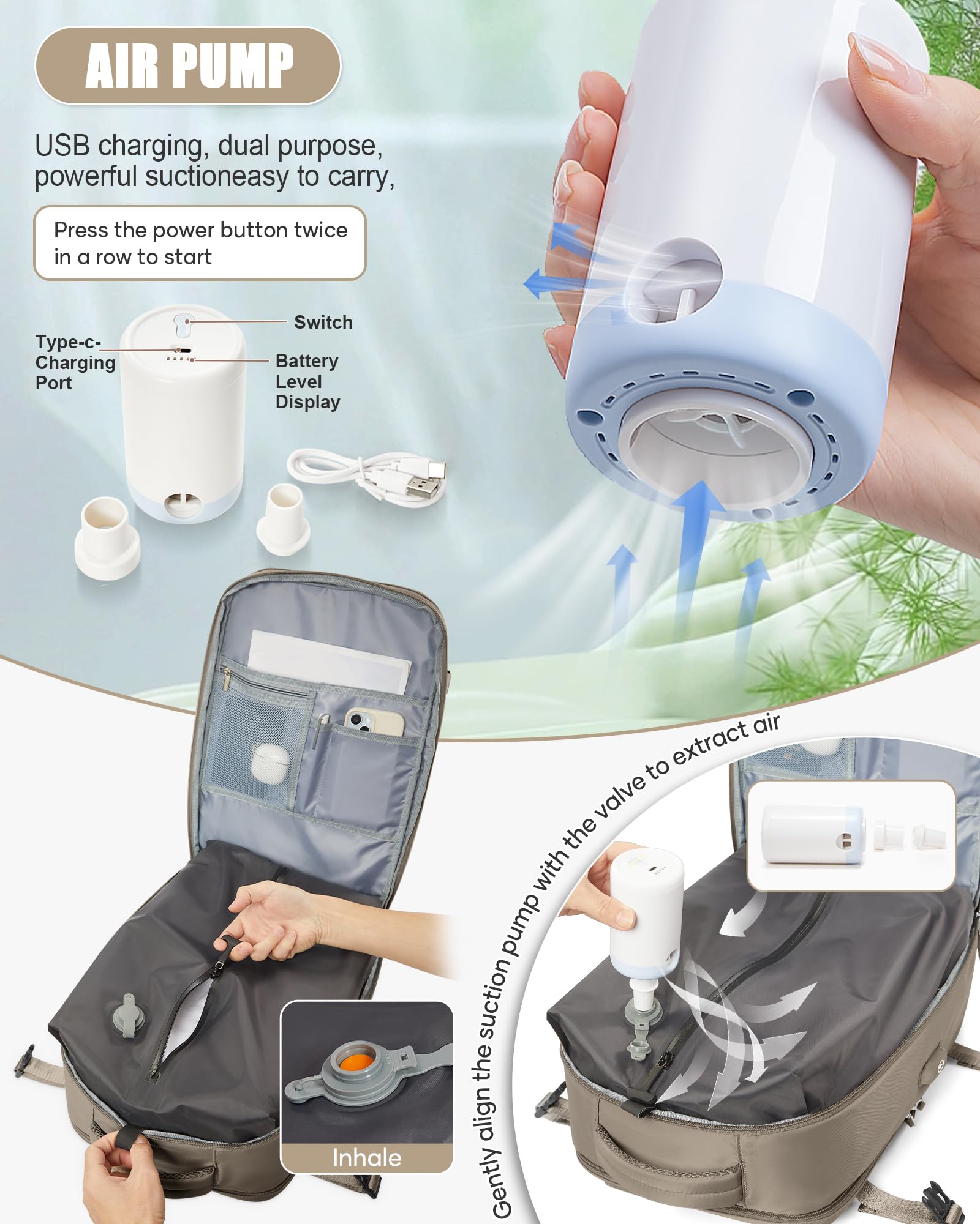 BJLFS Zaino da Viaggio con Sottovuoto Ryanair 40x30x20 Wizzair Bagaglio a mano 40x20x25 Ryanair con Pompa Borse da Cabina per Easyjet 45x36x20 con compressione sottovuoto,Zaino Casual per Laptop