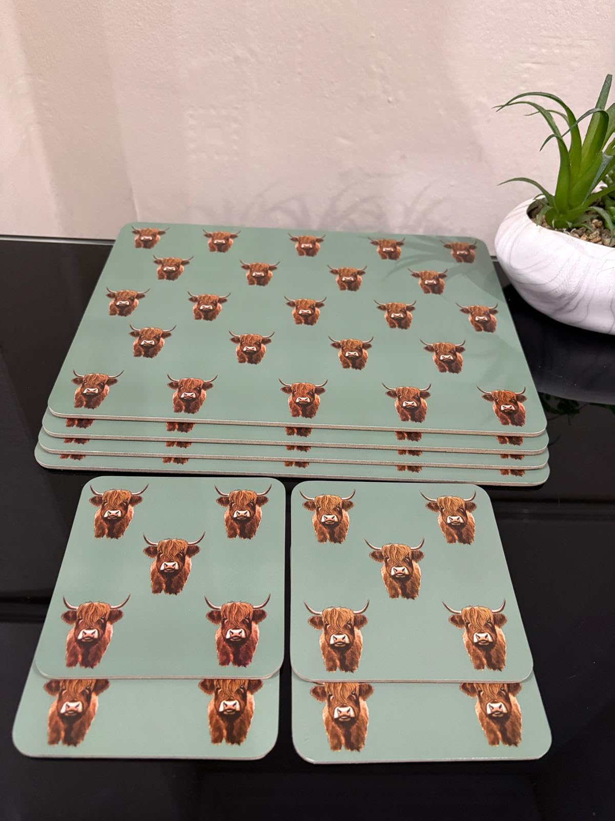 Stunning Green Sage Highland Cattle 4 Placemats And 4 Coasters Set, 8 Piece Cork Backed Table Mats, Farmhouse Kitchen Decor