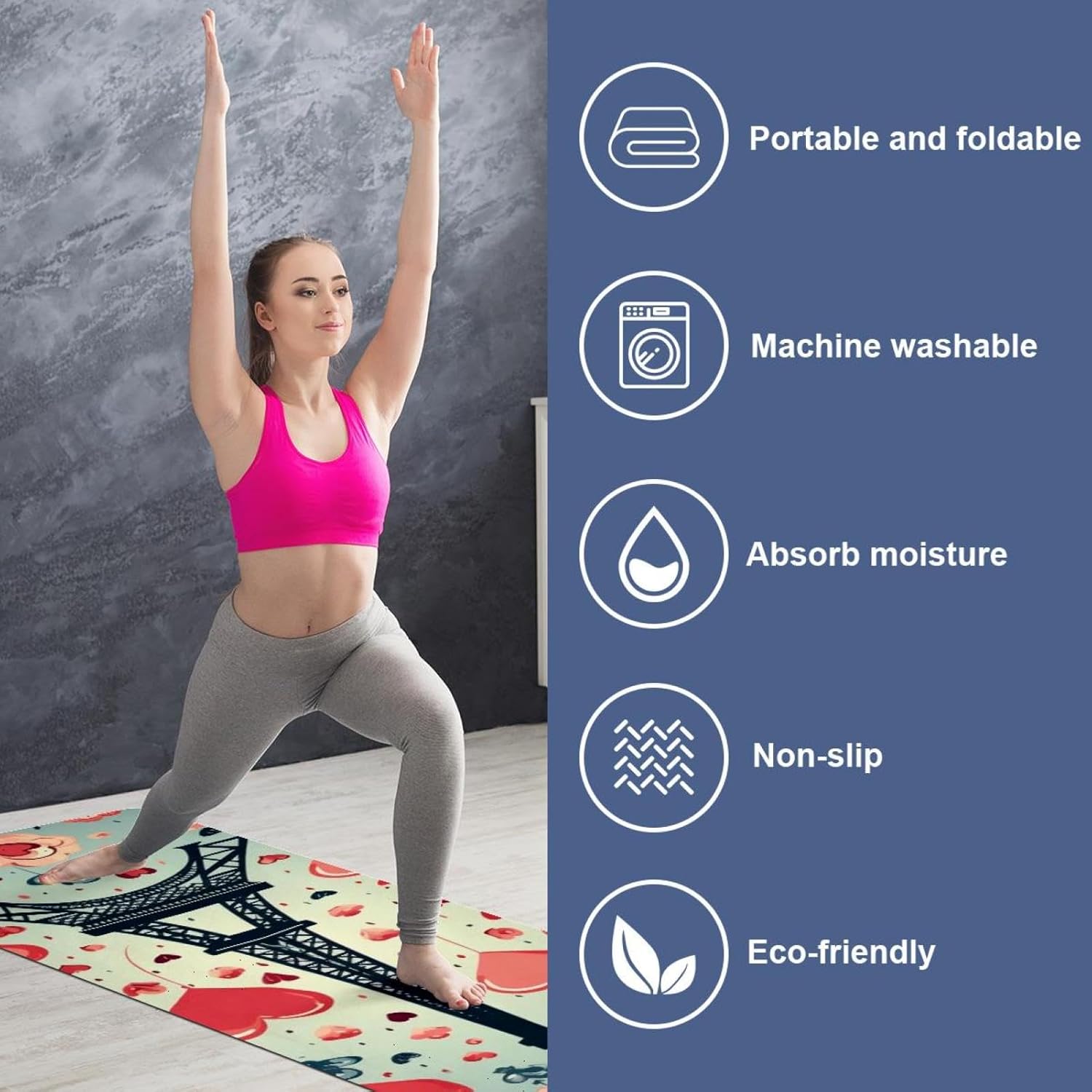 Yoga Towel, Eiffel Tower Valentine's Day Pattern Non Slip Sweat Absorbent Hot Yoga Mat Towel for Hot Yoga, Pilates and Fitness - 72.8" x 26.8"