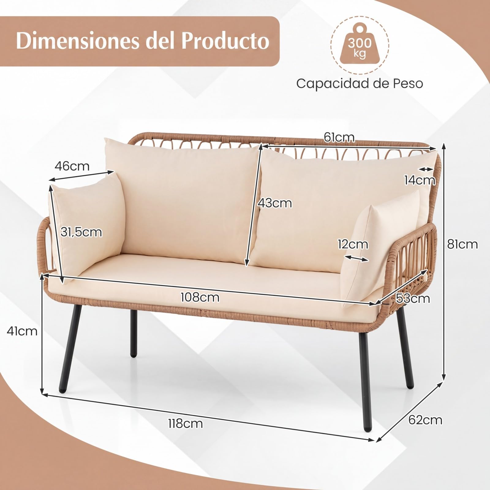 COSTWAY Sofá de 2 Plazas de Exterior, Sillón de Ratán PE para 2 Personas con Cojines, Almohadas y Estructura Metálica, Silla Banco de Jardín para Patio Porche Piscina, Carga 300 kg, 118 x 62 x 81 cm