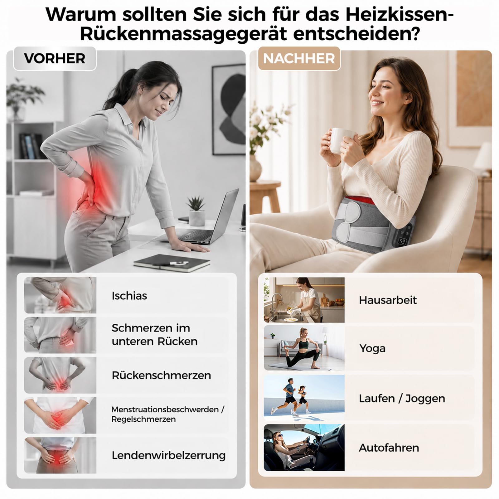 Wärmegürtel Rücken Heizkissen Kabellos Massagegerät, Elektrische Heizmatte Taillengurt mit 5 Massagemodi 3 Wärmestufen Touchscreen Für Den Unteren Rücken Geschenk für Frauen Männer