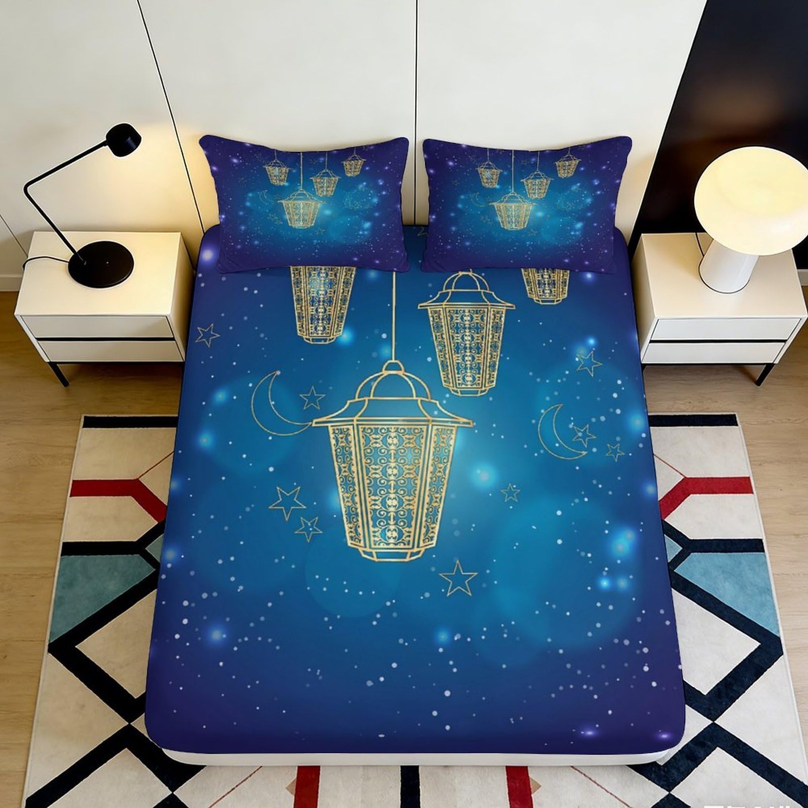 3D Printed Lantern Starry Sky Fitted Sheet Microfiber Non-Slip Easy Care Bed Cover Bedroom Decor 90x200x25cm