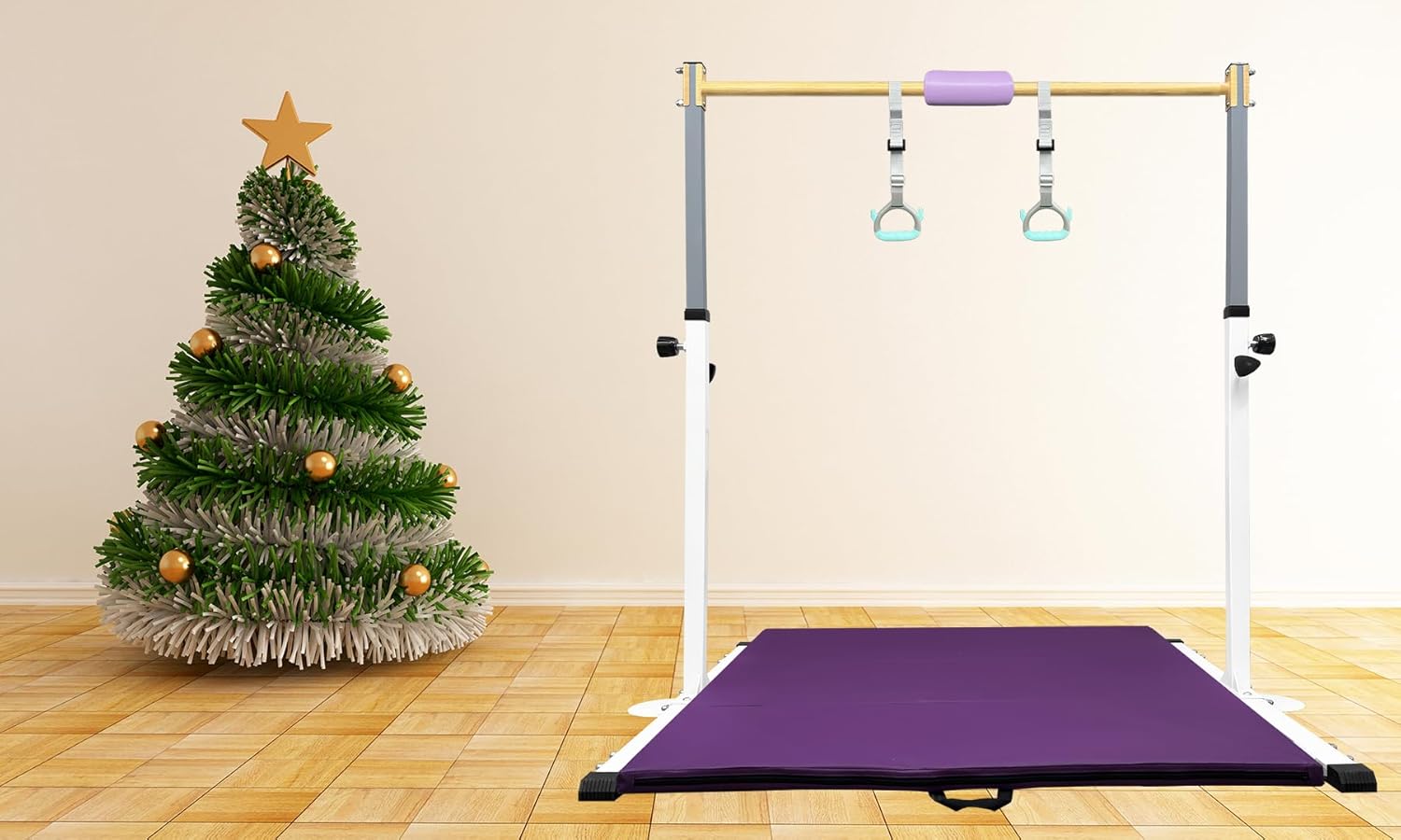 Adjustable Gymnastics Bar for Kids with Mat - Sturdy Kip Bar with Rings, Horizontal Bar for Home Training, 3'-5' Height, Ages 3-15, 250 LBS Capacity, Easy Assembly.