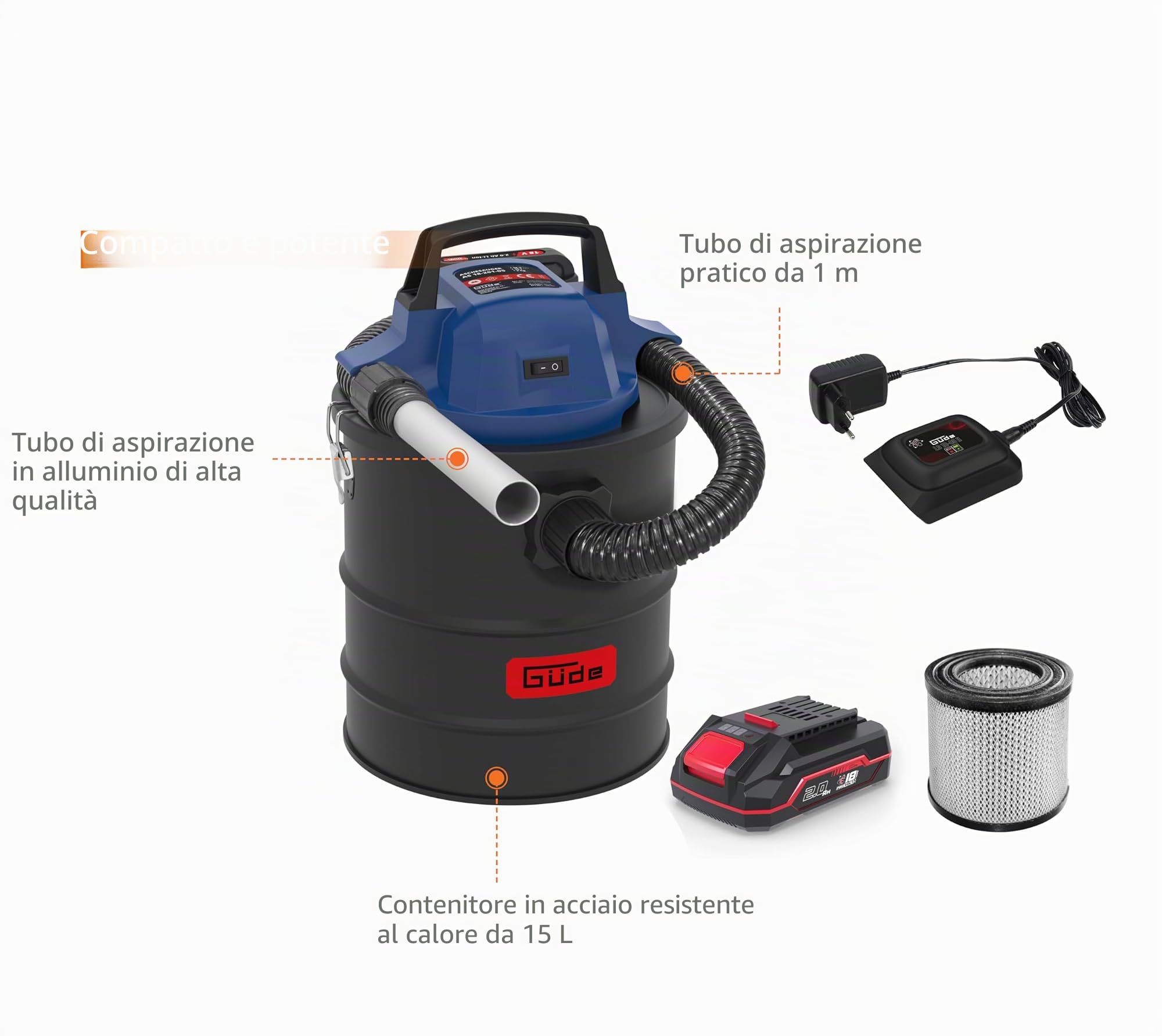 Güde 58580 aspiracenere a batteria AS 18-201-05 (18 V, massima pressione negativa: 80 mbar, lunghezza tubo: 1 m, volume contenitore: 15 l, diametro tubo: 30 mm, con filtro HEPA e batteria da 2,0 Ah