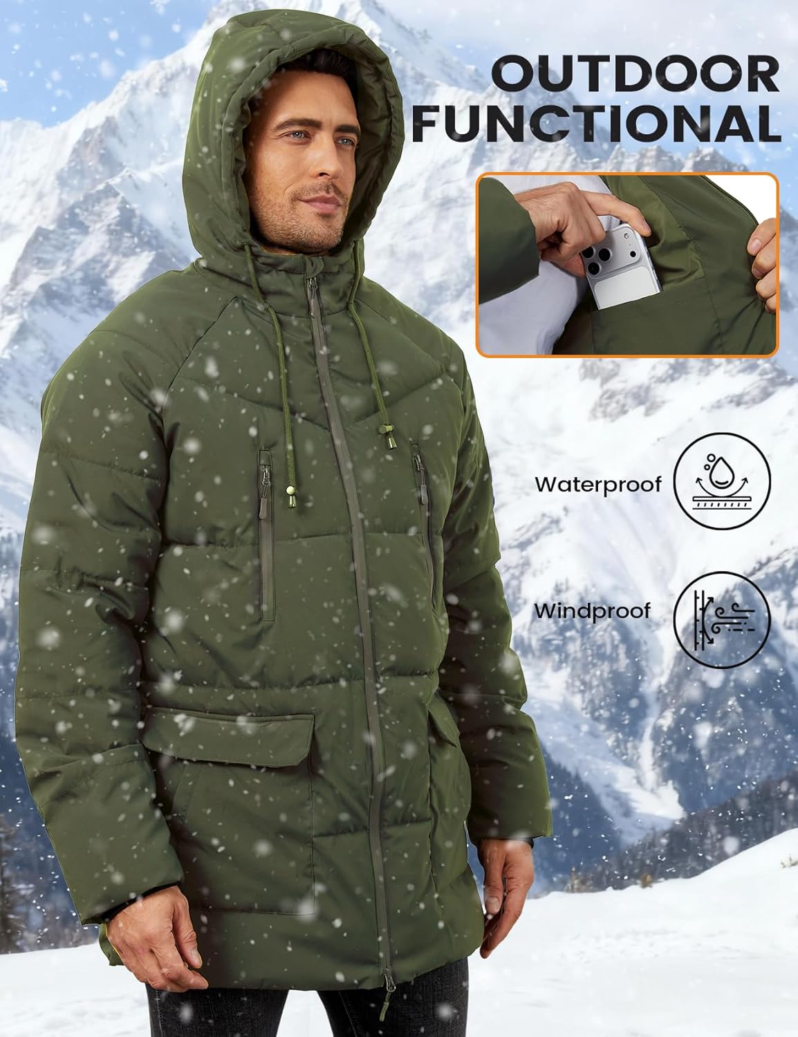 Yimoon Mens Long Winter Coat Hooded Warm Quilted Puffer Jacket Waterproof Thicken Puffy Parka Jacket - Image 5