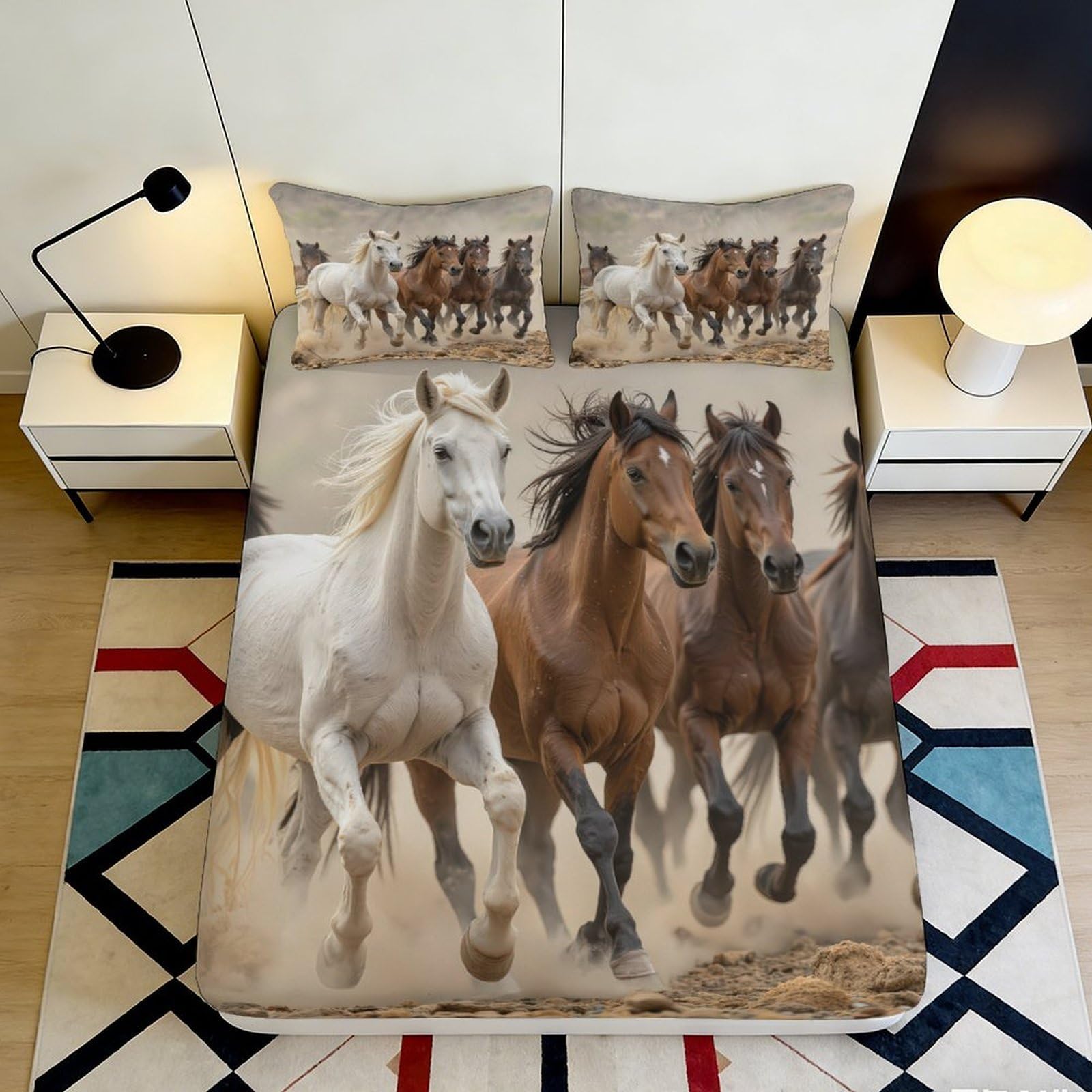 3D Printed Running Horses Fitted Sheet Microfiber Soft Brown White Horse Bed Cover for Bedroom Guestroom Decor 90x200x25cm