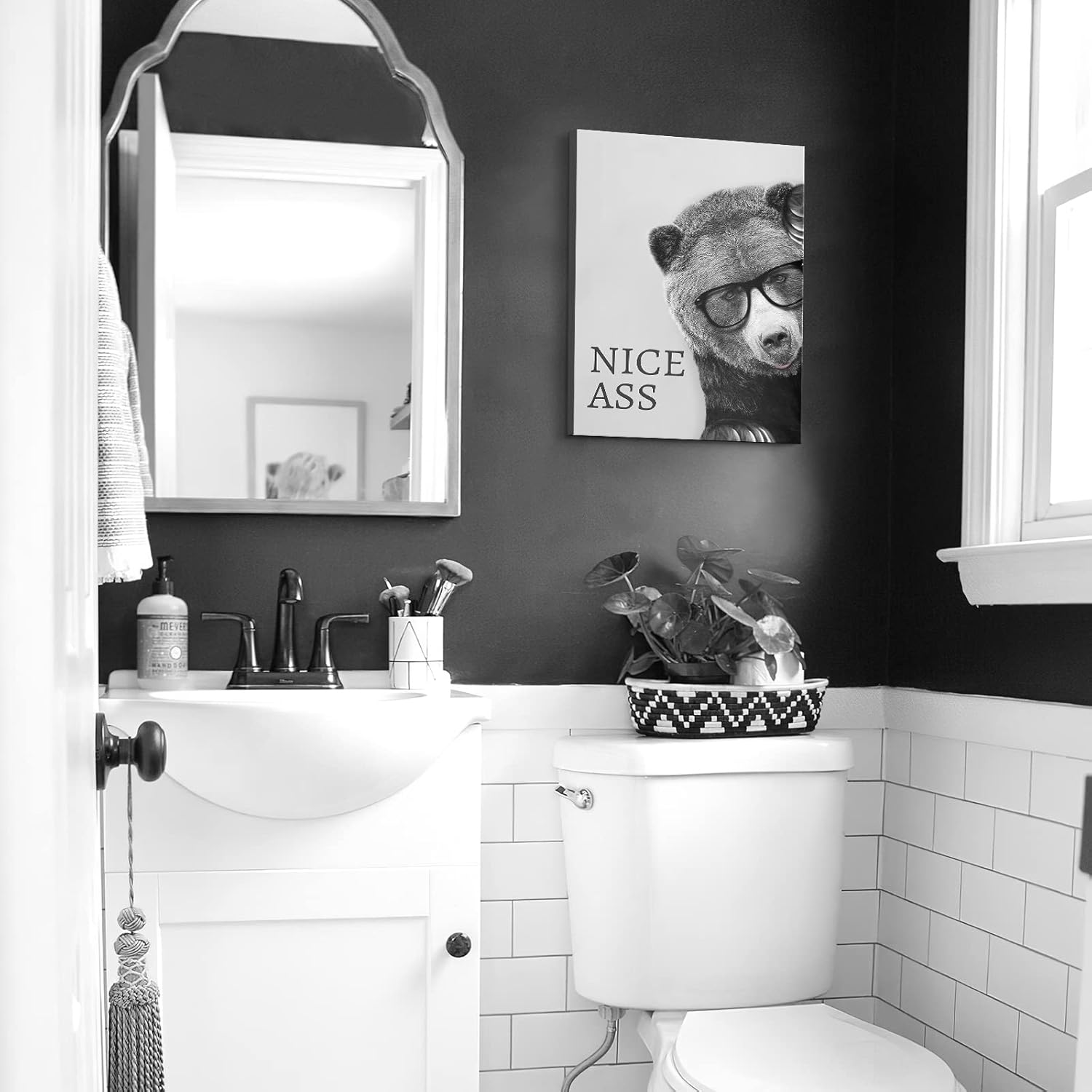 Kasluolo Bear Bathroom Decor Wall Art Funny Bear Picture Wall Decor Farmhouse Black and White Painting Wall Décor for Bathroom Toilet Framed Artwork 12x16 inch