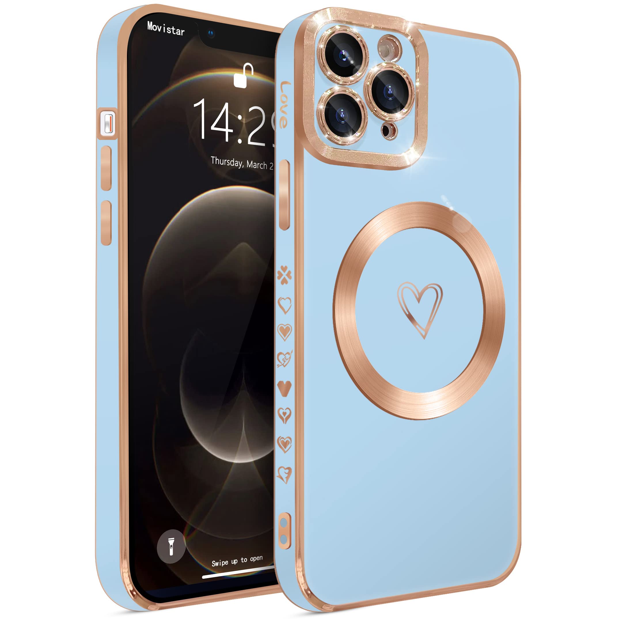 HZLFCZL Cover Magnetica per iPhone 11 Pro Max,Compatibile con MagSafe,Cute Cuore Protezione Completa Della Fotocamera Custodia Lusso Galvanizzato Slim Soft TPU Phone Case for iPhone 11 Pro Max-Blu