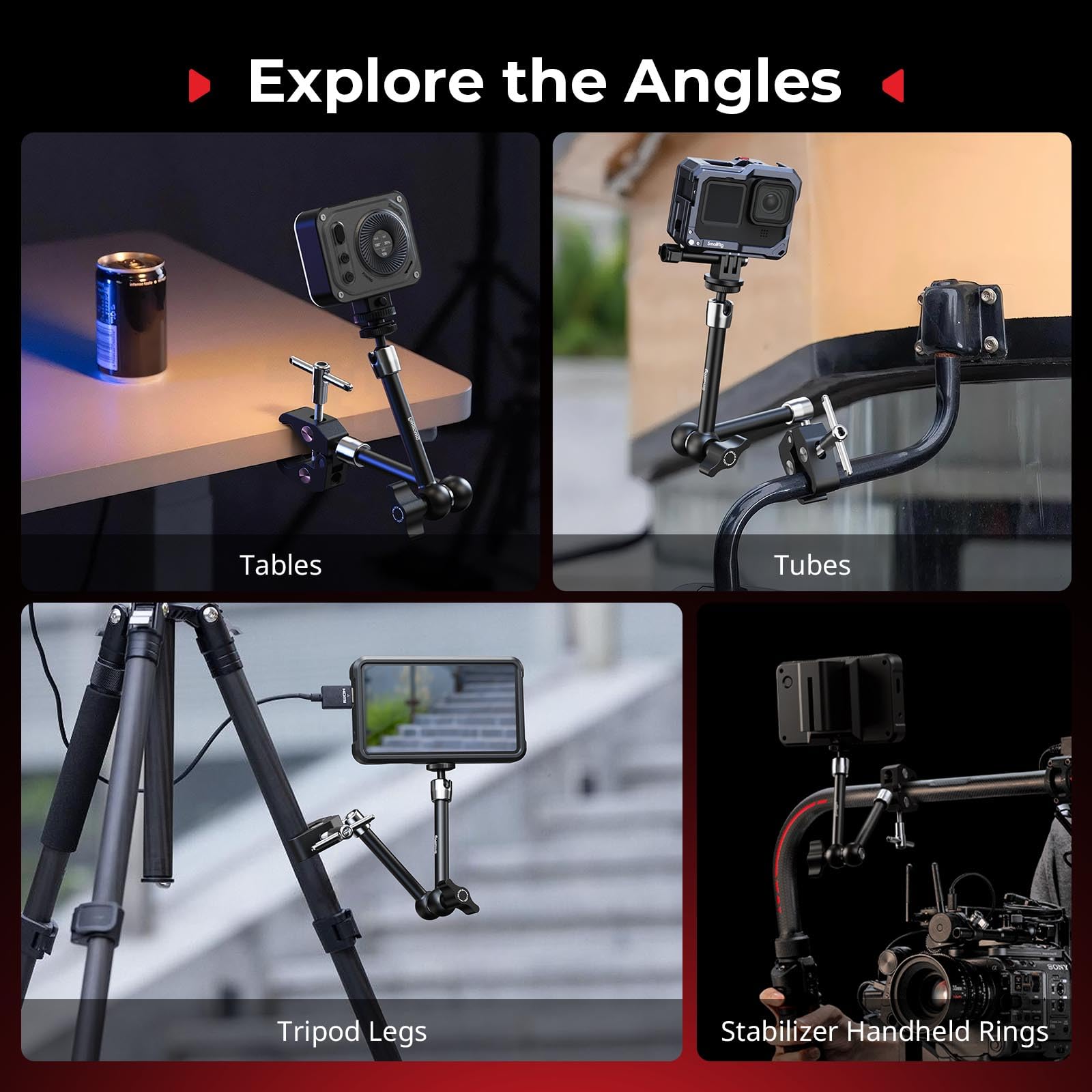 SMALLRIG Brazo mágico con súper abrazadera para cámaras de acción, soporte de abrazadera de cámara para GoPro Hero 13/12/11, para DJI Osmo Action 5 pro/4/3, para Insta360 Ace Pro 2, con tornillo de 1