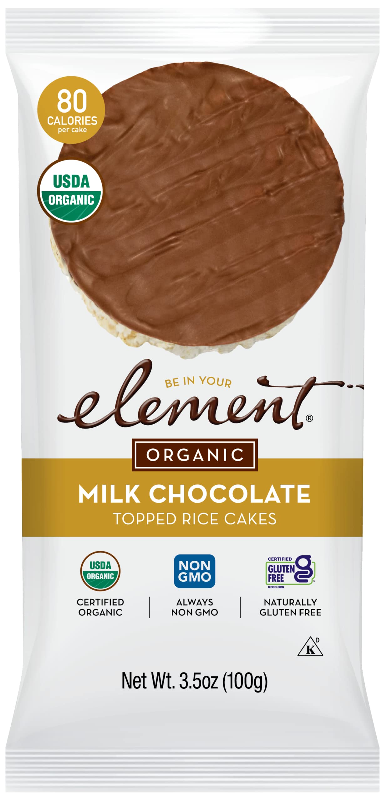 Element, Rice Cake, Og2, Milk Choc, Pack of 6, Size 3.5 OZ, (Low Carb Gluten Free Kosher Low Sodium Vegan Wheat Free Yeast Free 95%+ Organic)