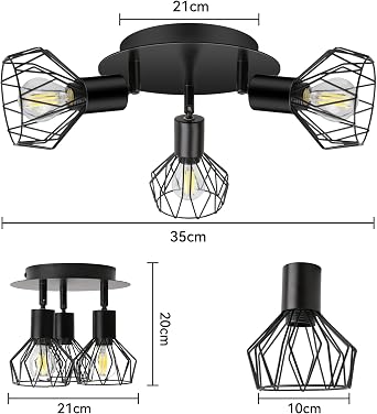 CANMEIJIA Black 3-Way LED Ceiling Light E14 Spot Fitting Rotatable Base [Energy Class F]