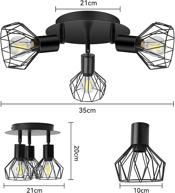 CANMEIJIA Black 3-Way LED Ceiling Light E14 Spot Fitting Rotatable Base [Energy Class F]