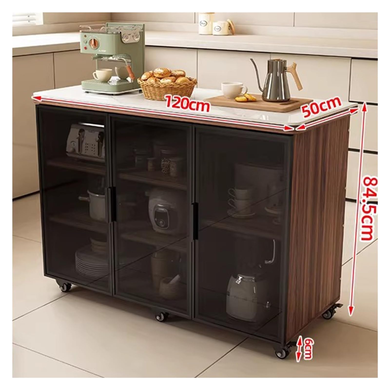 Carrello da cucina Isola cucina con ruote con ante, ripiani portaoggetti, ruote con serratura e piano di lavoro(L)