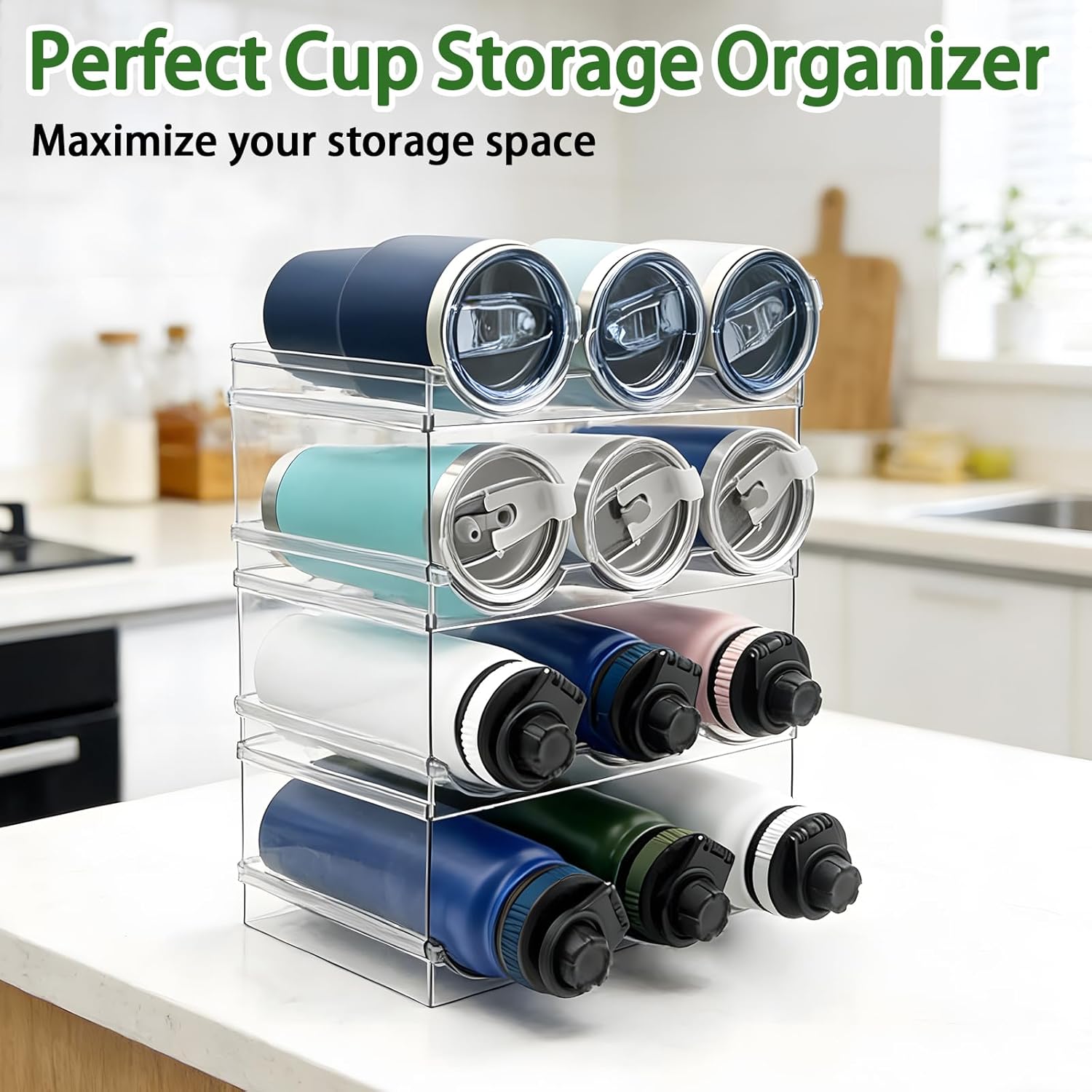 Spaclear 4 Pack Water Bottle Organizer, Stackable Kitchen Pantry Organization and Storage Shelf, Plastic Bottle Holder for Fridge Kitchen Cabinet Organizer and Storage, Tumbler Mug Cup Organizer