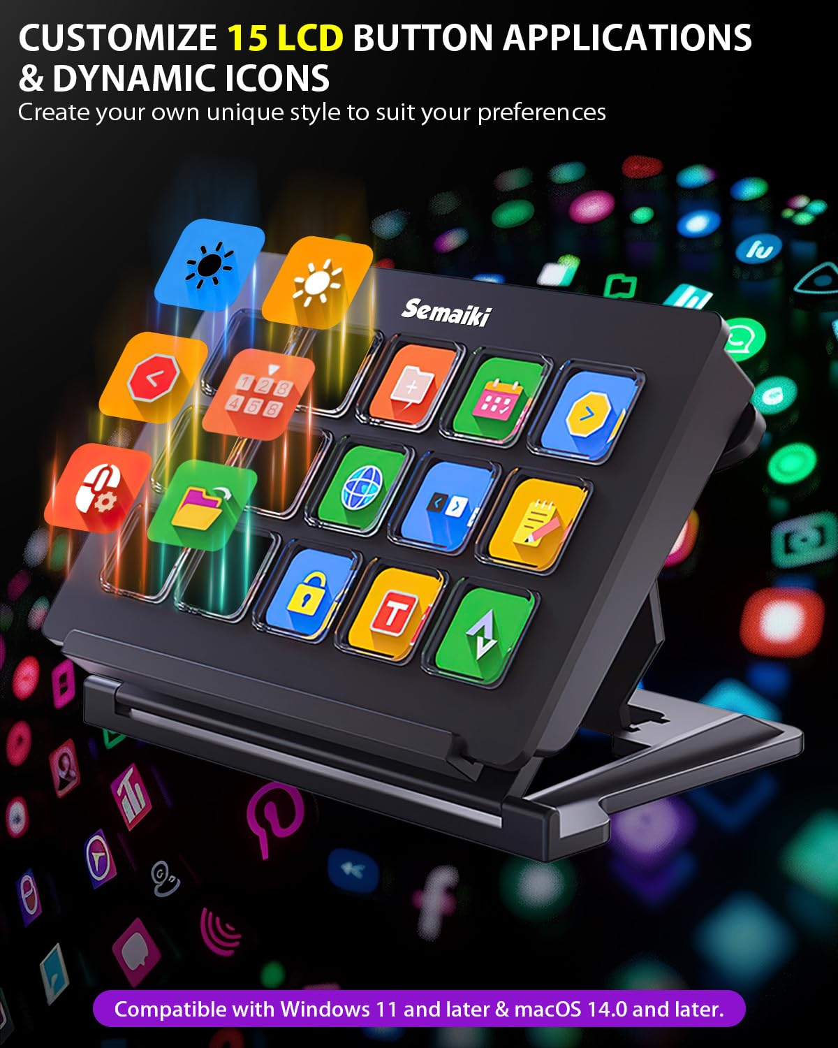 Semaiki Stream Controller Makrotastatur mit 15 anpassbaren LCD-Makrotasten, löst Aktionen in Apps und Software wie OBS, Twitch, Streamlabs, Discord, Mac & Windows aus