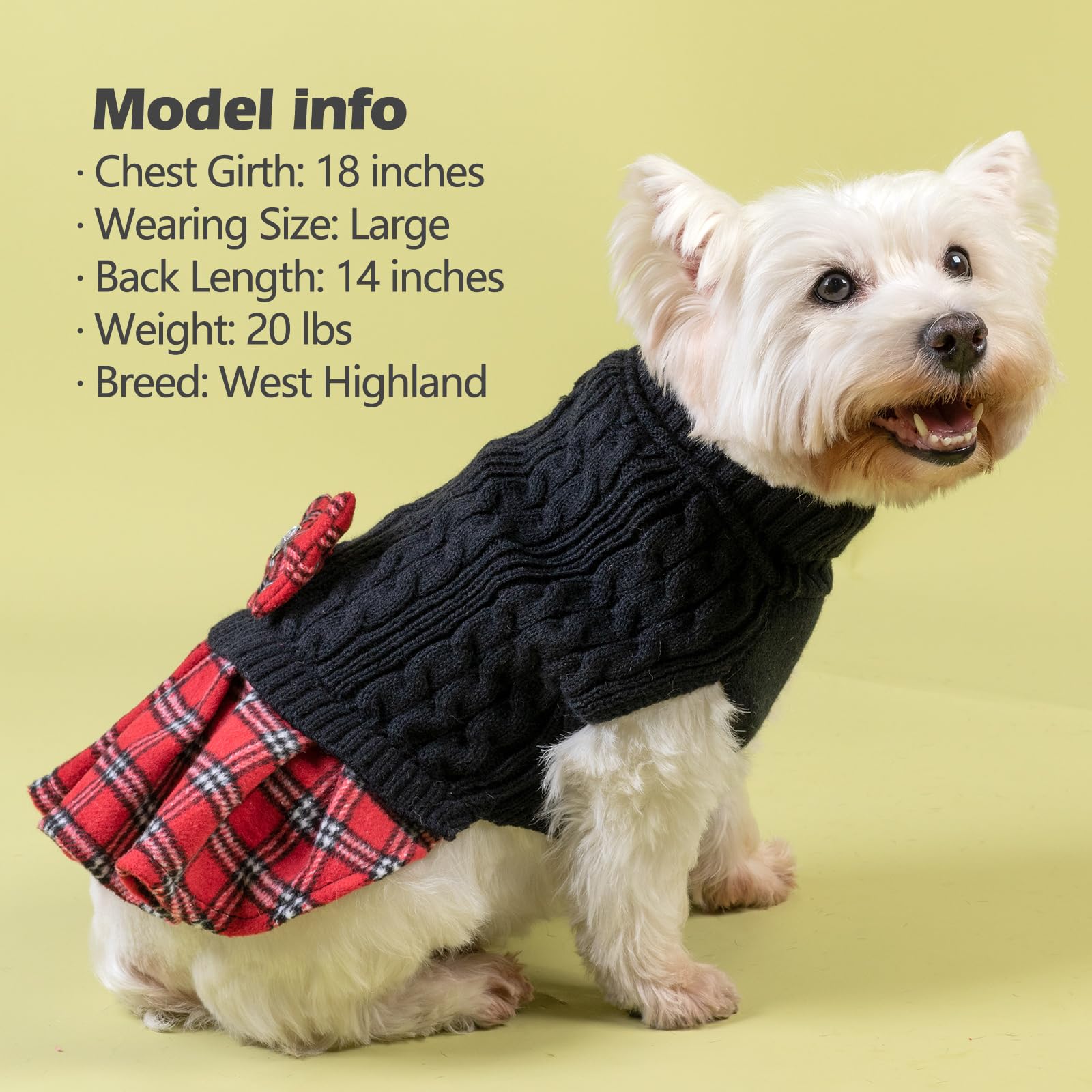 KYEESE Hundepullover Kleid mit Leine Loch Fliege Kariert Rollkragen Hundepullover für kleine Hunde Warm Haustier Pullover Schwarz