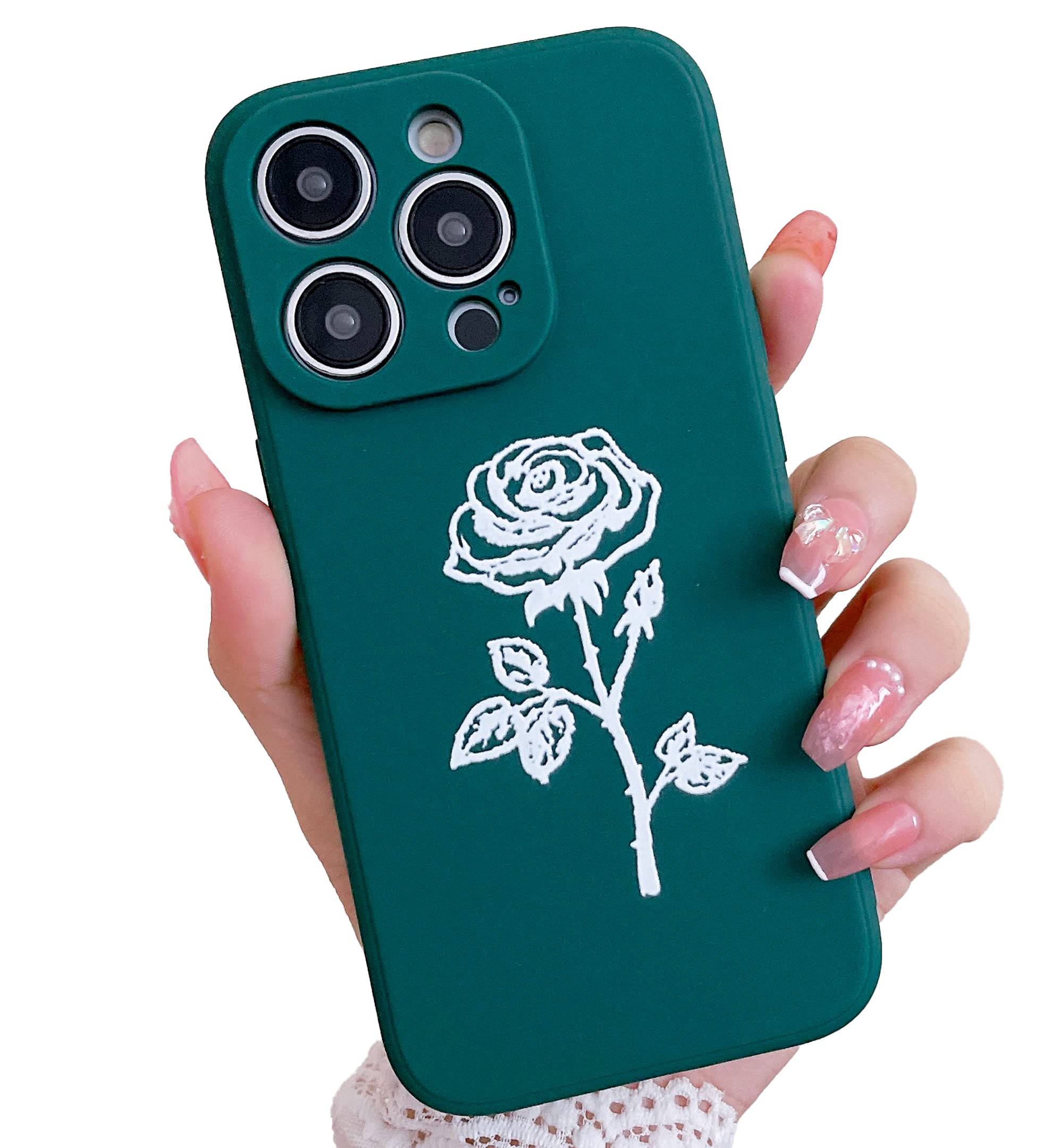 YIKUSO Compatible with iPhone 14 Pro Case Silicone Gel Rubber Phone Cases, Cover 6.1 Inch Full Body Soft Protective Rose Flower Case Cute for Women（Dark Green）