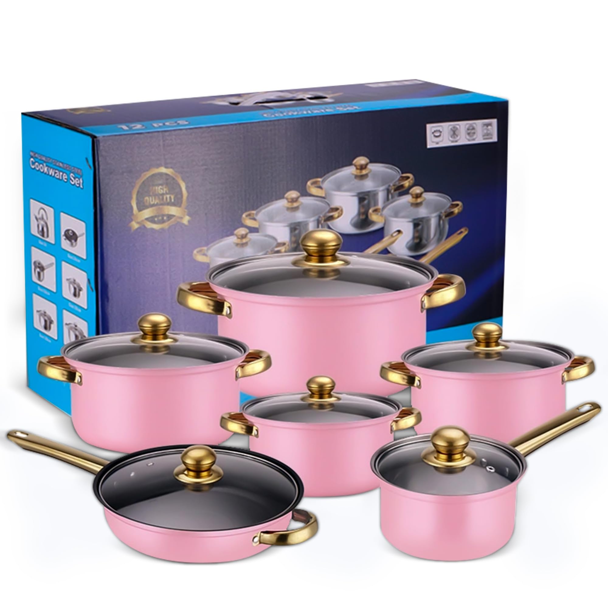 SHOPPING VIBES 12-Pcs Stainless-Steel Non-Stick Cookware Set – Cooking Pots & Pans for Gourmet Meals – Durable, Easy-to-Clean Kitchen Set That Turns Every Dish into a Masterpiece! (Soft Pink)
