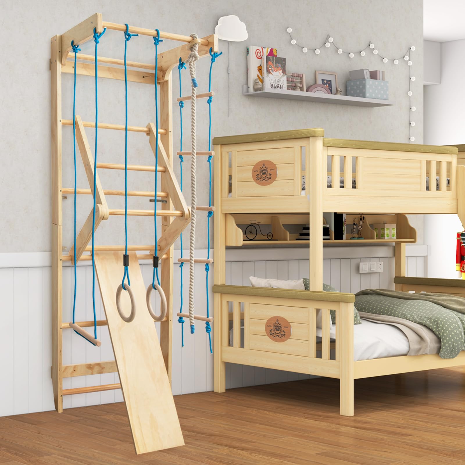 COSTWAY Sprossenwand, Kletterwand für Kinder und Erwachsener, Turnwand aus Holz, Klettergerüst Indoor, inkl. Klimmzugstange/Ringe/Trapez/Strickleiter/Kletterseil, bis 100kg belastbar, 220 x 80 x 60 cm