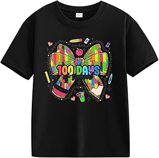 Camiseta de manga corta para niñas y niños con cuello redondo y estampado gráfico de algodón ligero y deportivo, Negro, 6-7 años