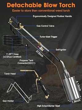 2-in-1 Propane Torch Weed Burner with Brazing Torch Tip,Heavy Duty Weed Torch with 12FT Hose, Self Igniter,Turbo Trigger,Long/Short Modes for Weeding,Roofing,Ice Melting, Soldering and BBQ