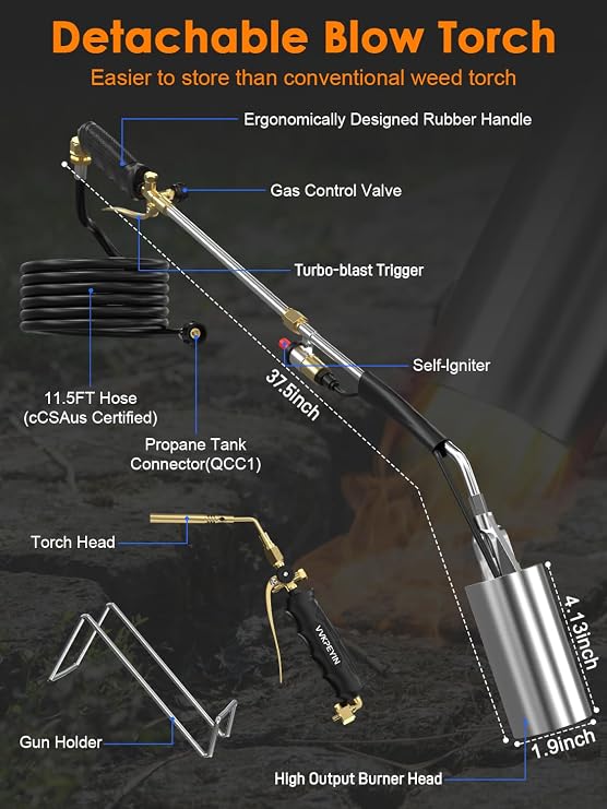 2-in-1 Propane Torch Weed Burner with Brazing Torch Tip,Heavy Duty Weed Torch with 12FT Hose, Self Igniter,Turbo Trigger,Long/Short Modes for Weeding,Roofing,Ice Melting, Soldering and BBQ