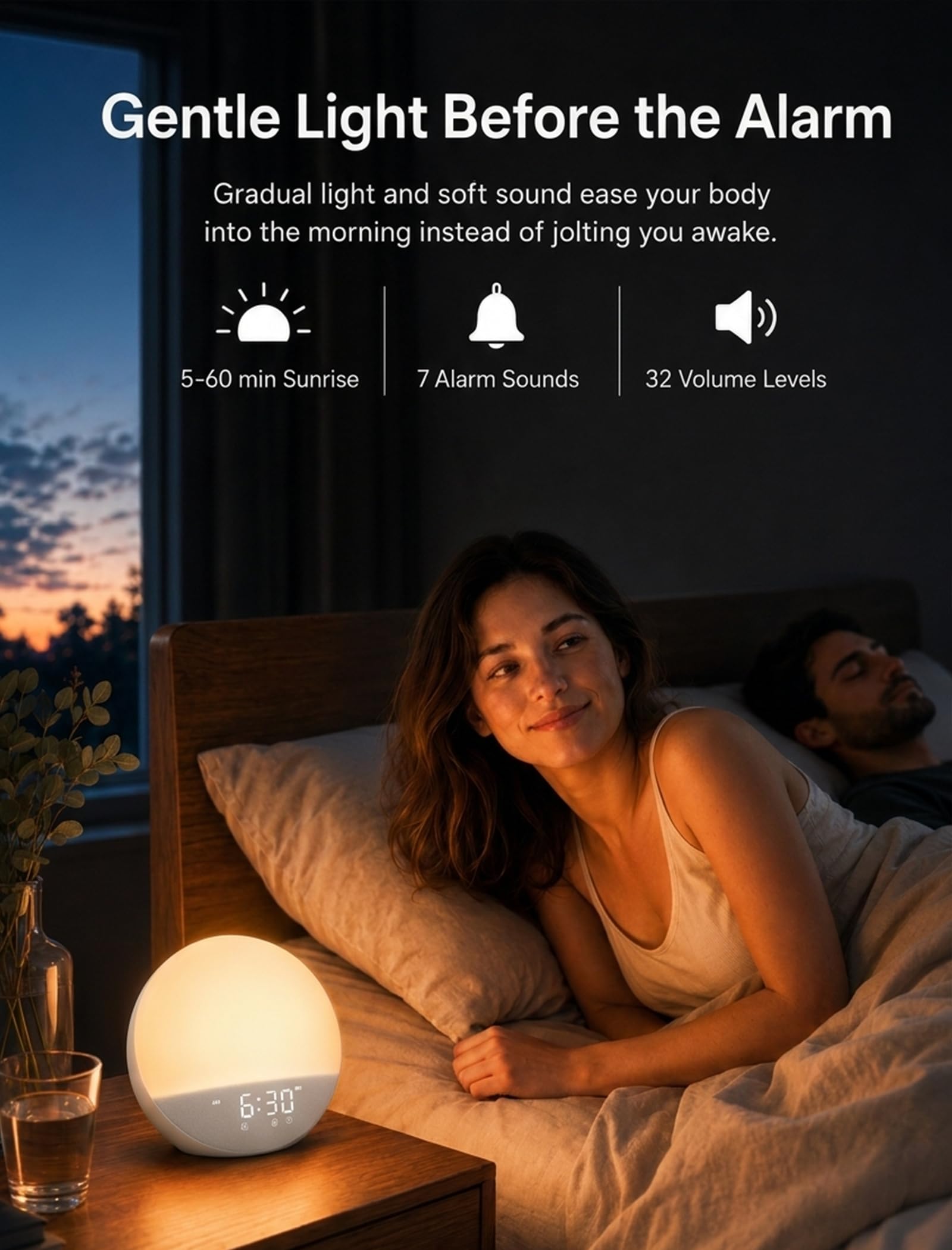Odokee Reloj despertador Sunrise con máquina de sonido: luz de despertador suave y 7 sonidos de alarma para dormitorio, 3 modos de despertar y 32 niveles de volumen para masilla matutina sin estrés