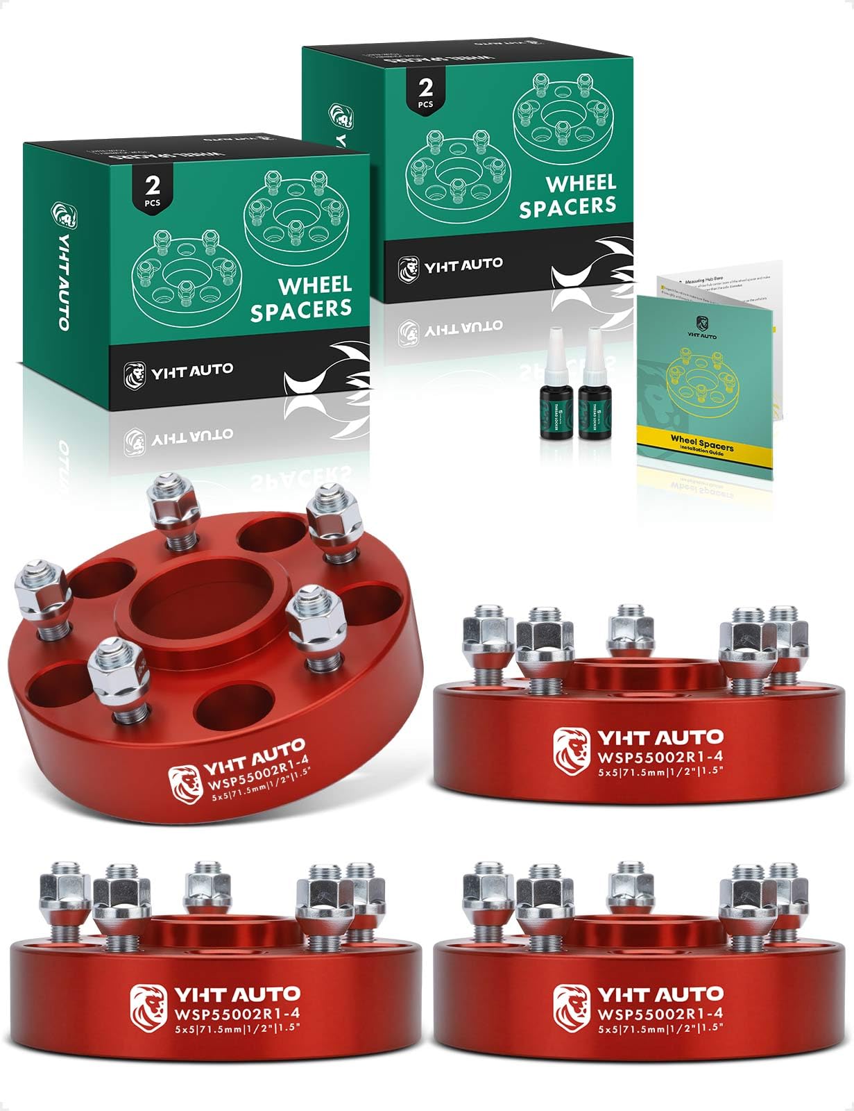 YHTAUTO 5x5 Wheel Spacers 1.5 Inch Compatible with 1999-2018 Jeep Grand Cherokee Wrangler Commander 5x127mm Tire Spacers w/ 1/2"-20 & 12.9 Grade Studs, 71.5mm Hub Bore 5 Lug 4PCS Red Wheel Adapter